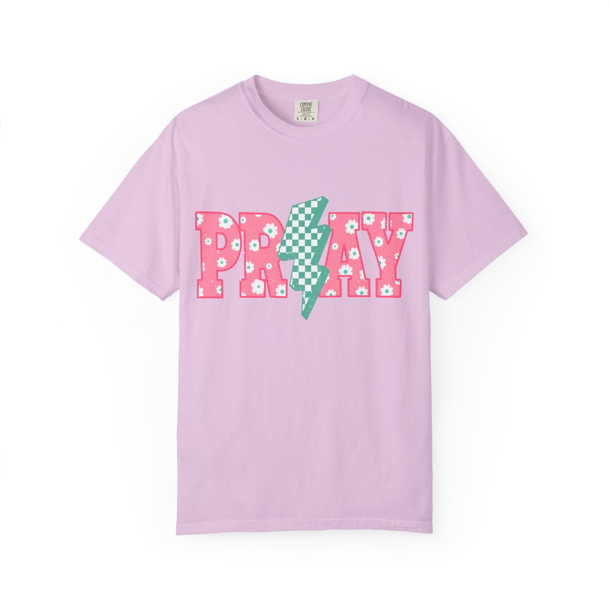 PRAY Lightning Graphic T-Shirt — Floral Pink & Mint Checker Retro Tee