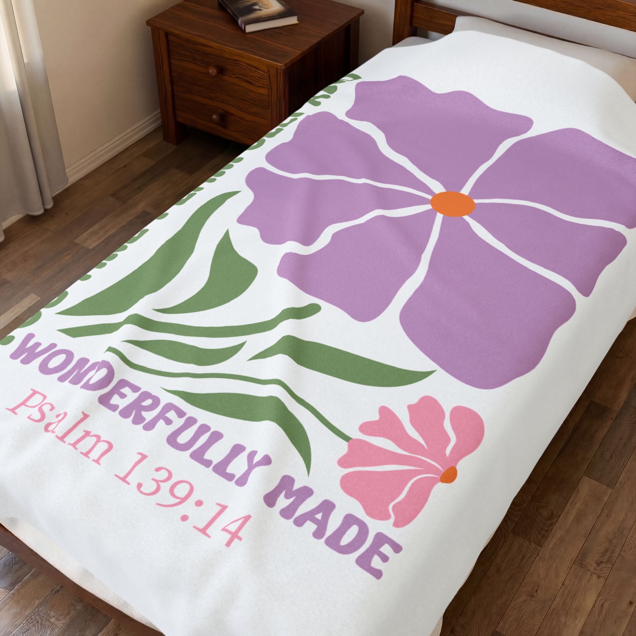 Velveteen Plush Blanket — "You Are Fearfully and Wonderfully Made" Floral Psalm 139:14 Christian Throw