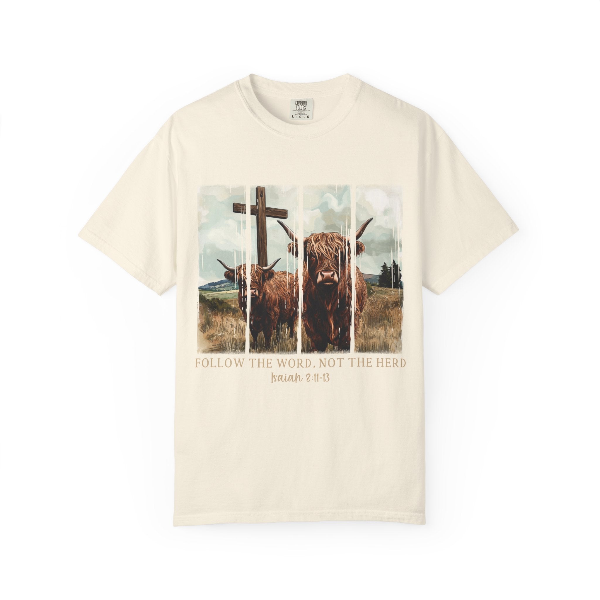 Christian Highland Cow T-Shirt — "Follow the Word, Not the Herd" Faith Tee