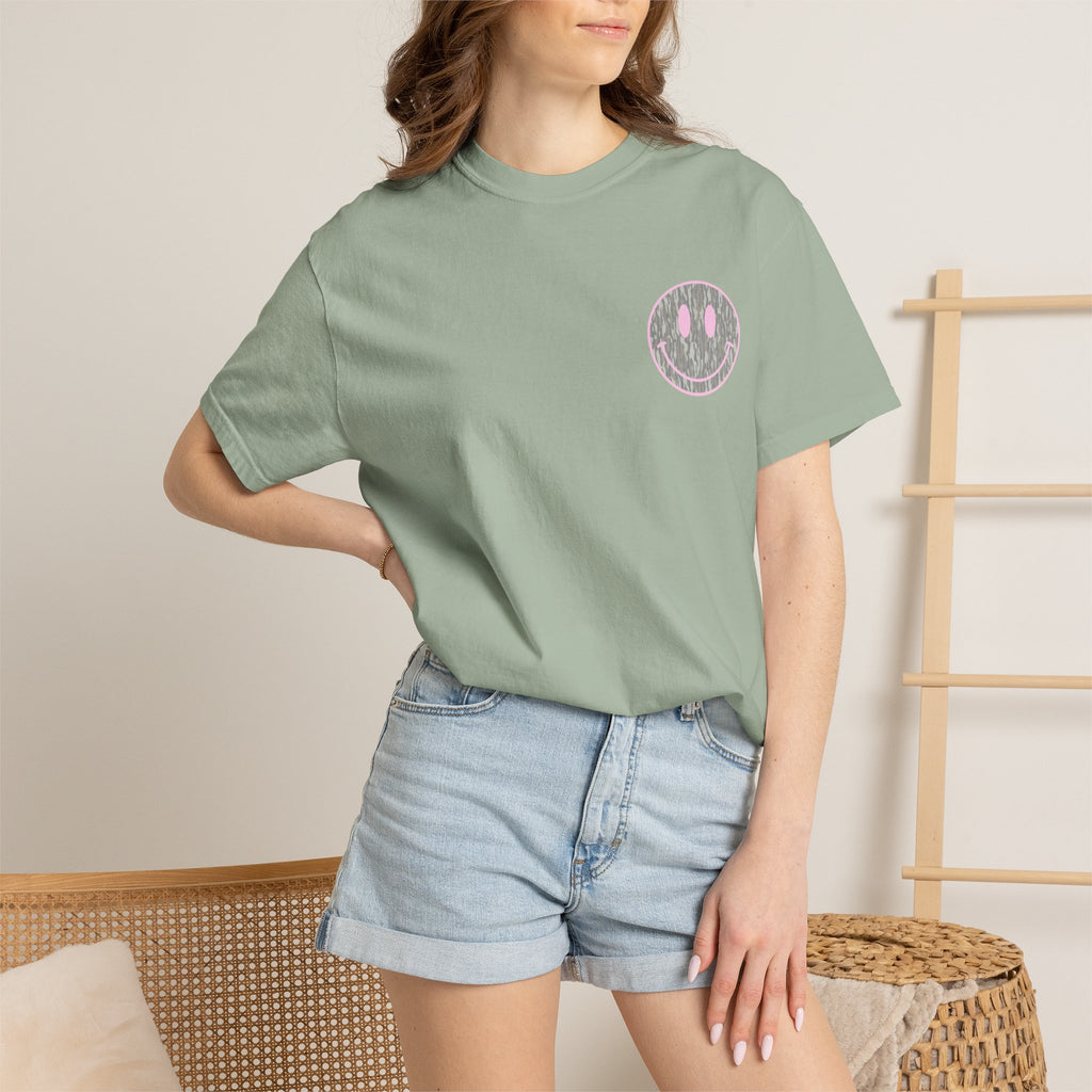 Smiley Camo T-Shirt — Pink Outline Woodland Smile Graphic Tee
