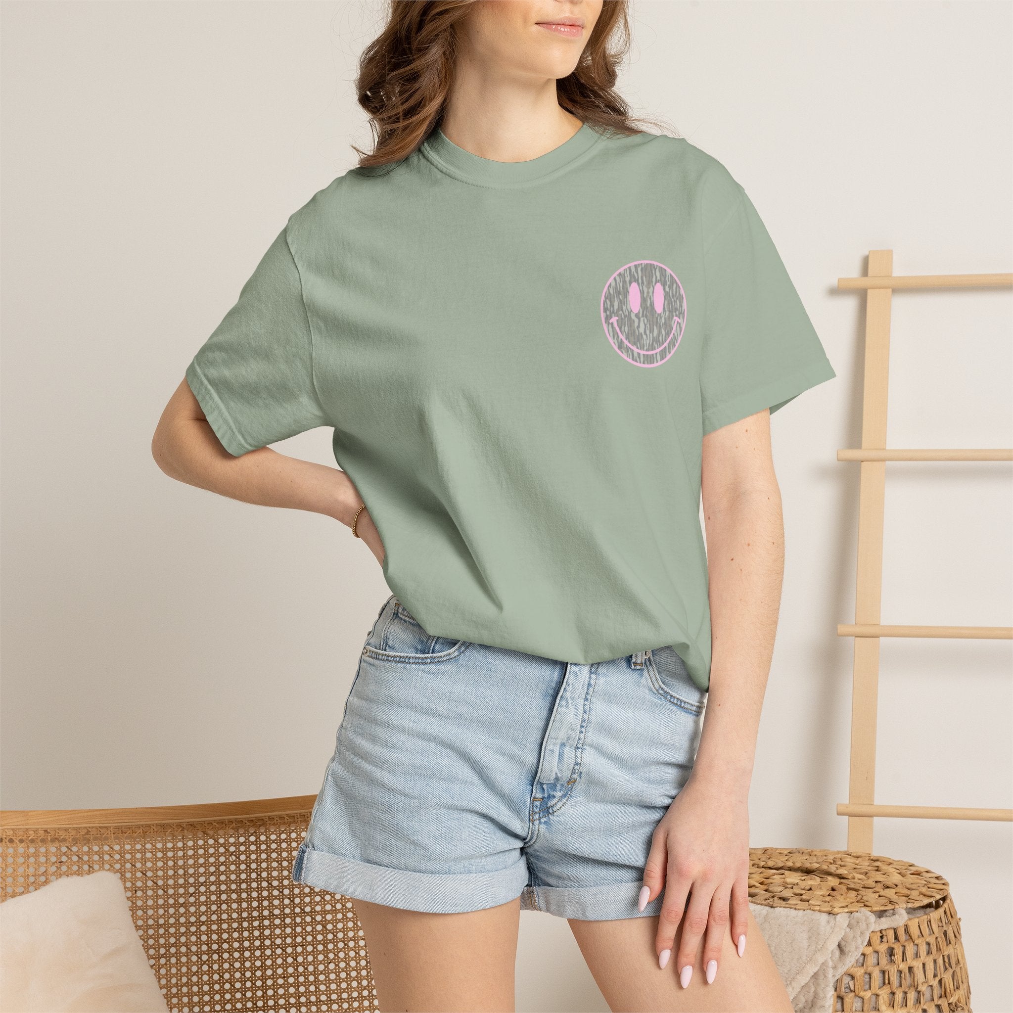 Smiley Camo T-Shirt — Pink Outline Woodland Smile Graphic Tee