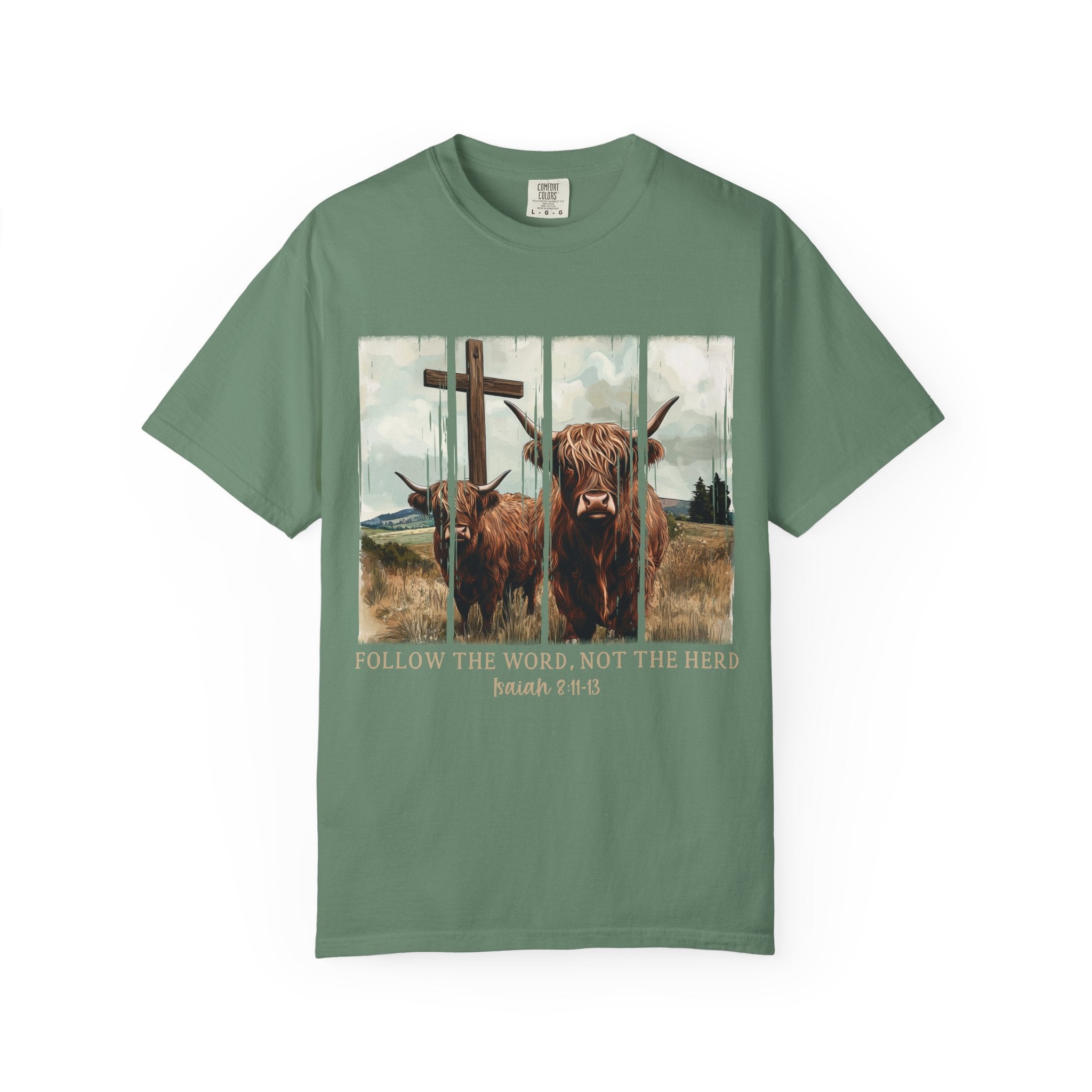 Christian Highland Cow T-Shirt — "Follow the Word, Not the Herd" Faith Tee