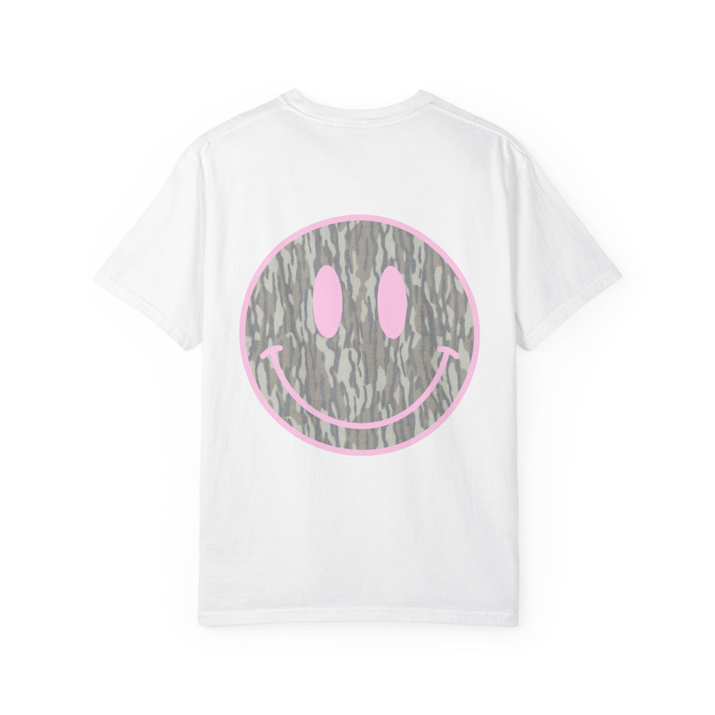 Smiley Camo T-Shirt — Pink Outline Woodland Smile Graphic Tee
