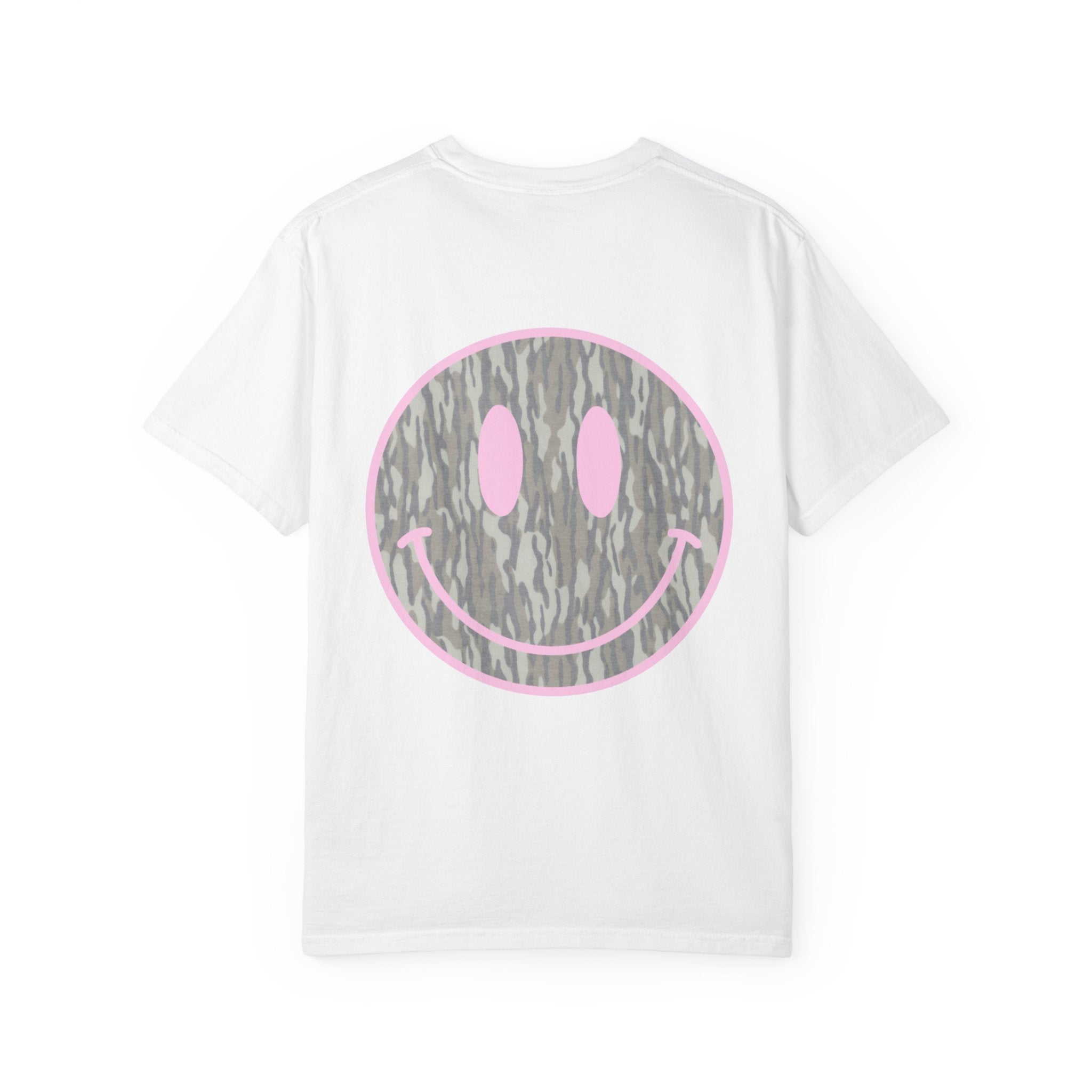 Smiley Camo T-Shirt — Pink Outline Woodland Smile Graphic Tee