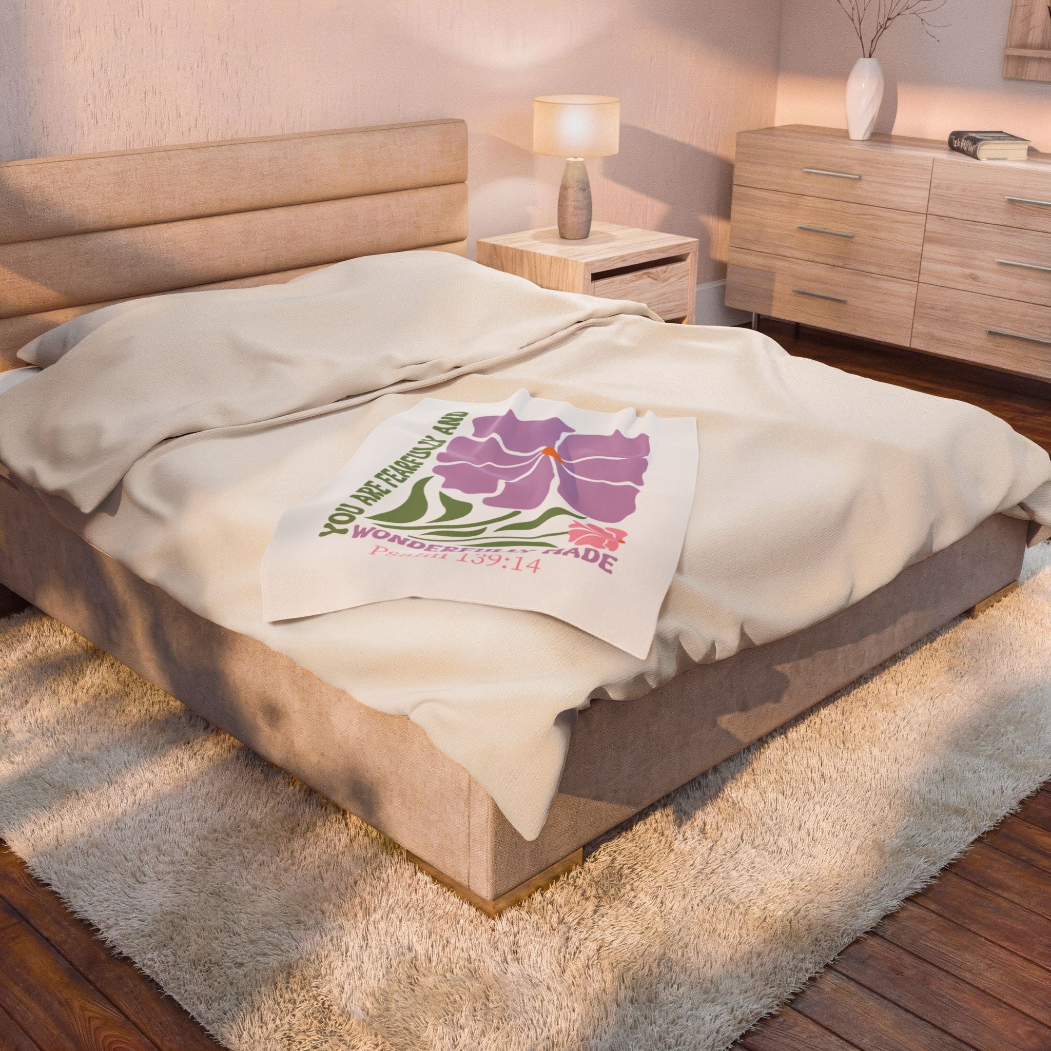 Velveteen Plush Blanket — "You Are Fearfully and Wonderfully Made" Floral Psalm 139:14 Christian Throw