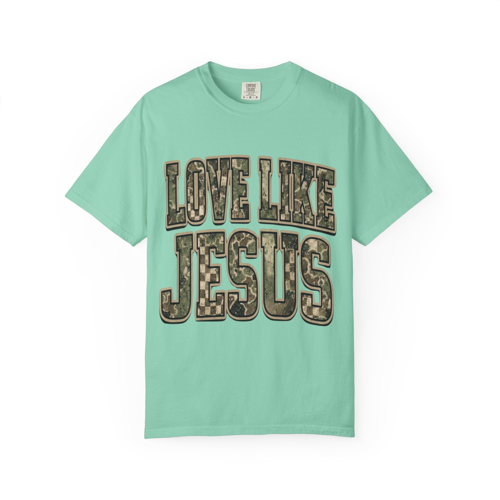 Love Like Jesus camo text T-shirt | Christian faith shirt