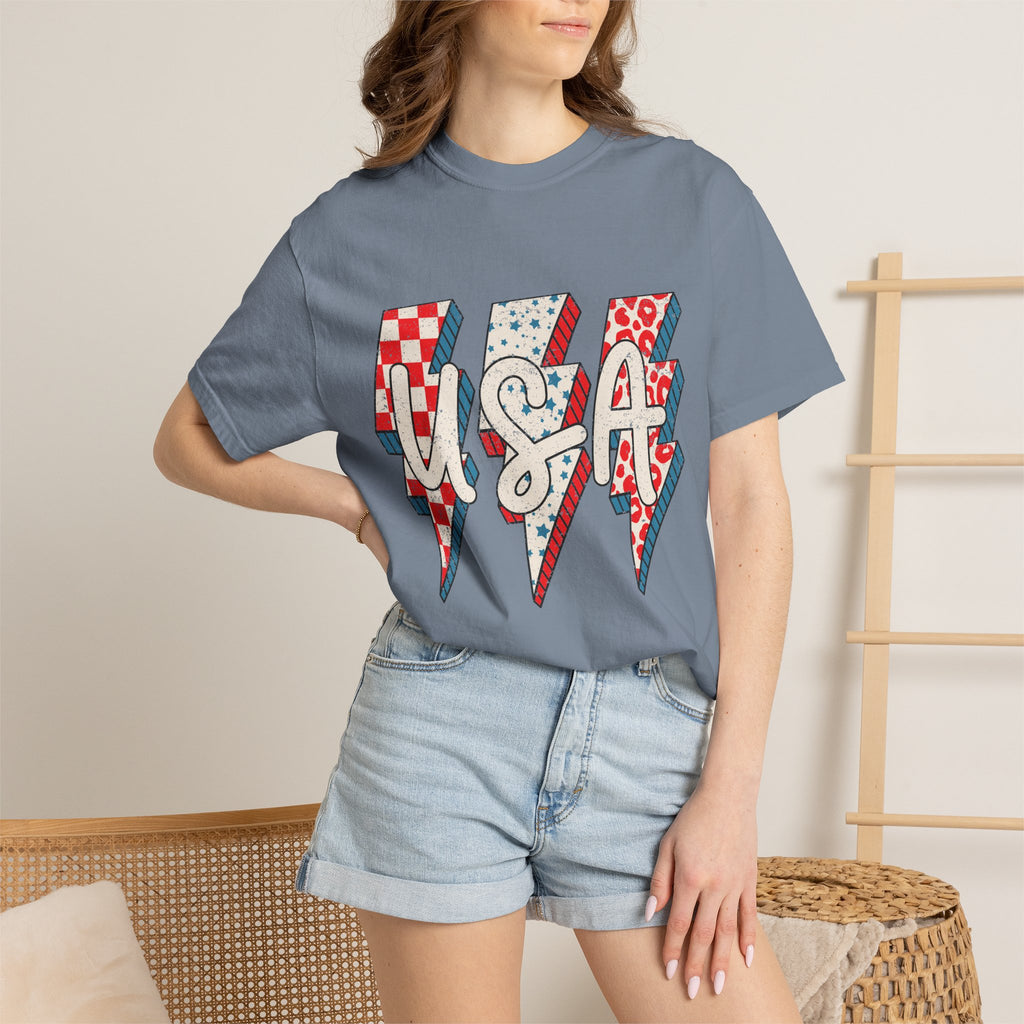 USA Lightning Bolt Graphic T-Shirt — Patriotic 4th of July Tee