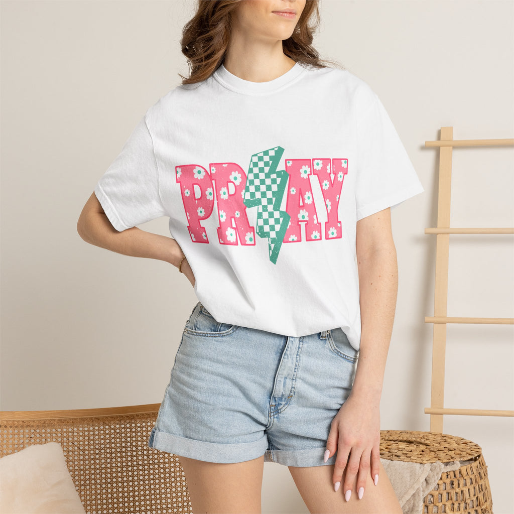 PRAY Lightning Graphic T-Shirt — Floral Pink & Mint Checker Retro Tee