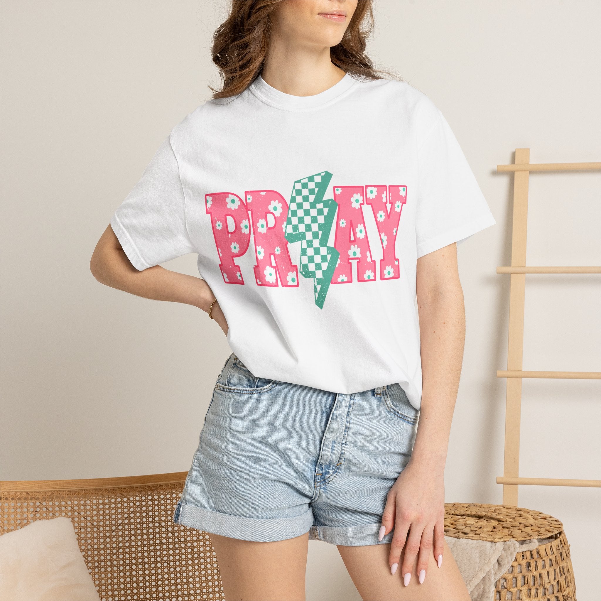 PRAY Lightning Graphic T-Shirt — Floral Pink & Mint Checker Retro Tee