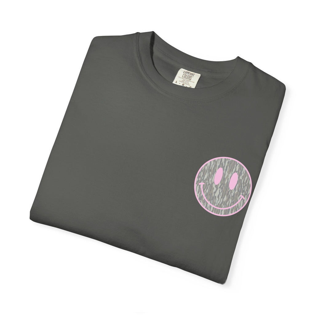 Smiley Camo T-Shirt — Pink Outline Woodland Smile Graphic Tee