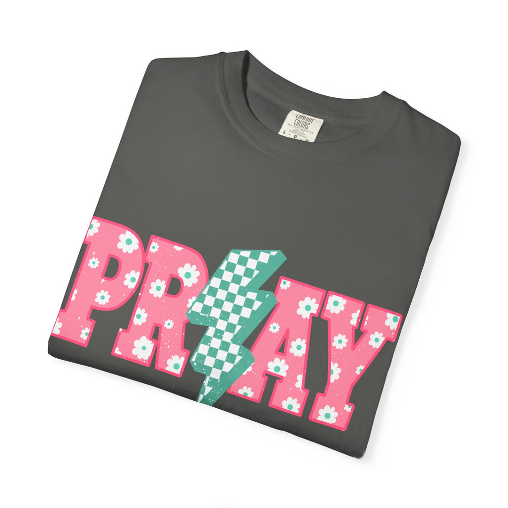 PRAY Lightning Graphic T-Shirt — Floral Pink & Mint Checker Retro Tee