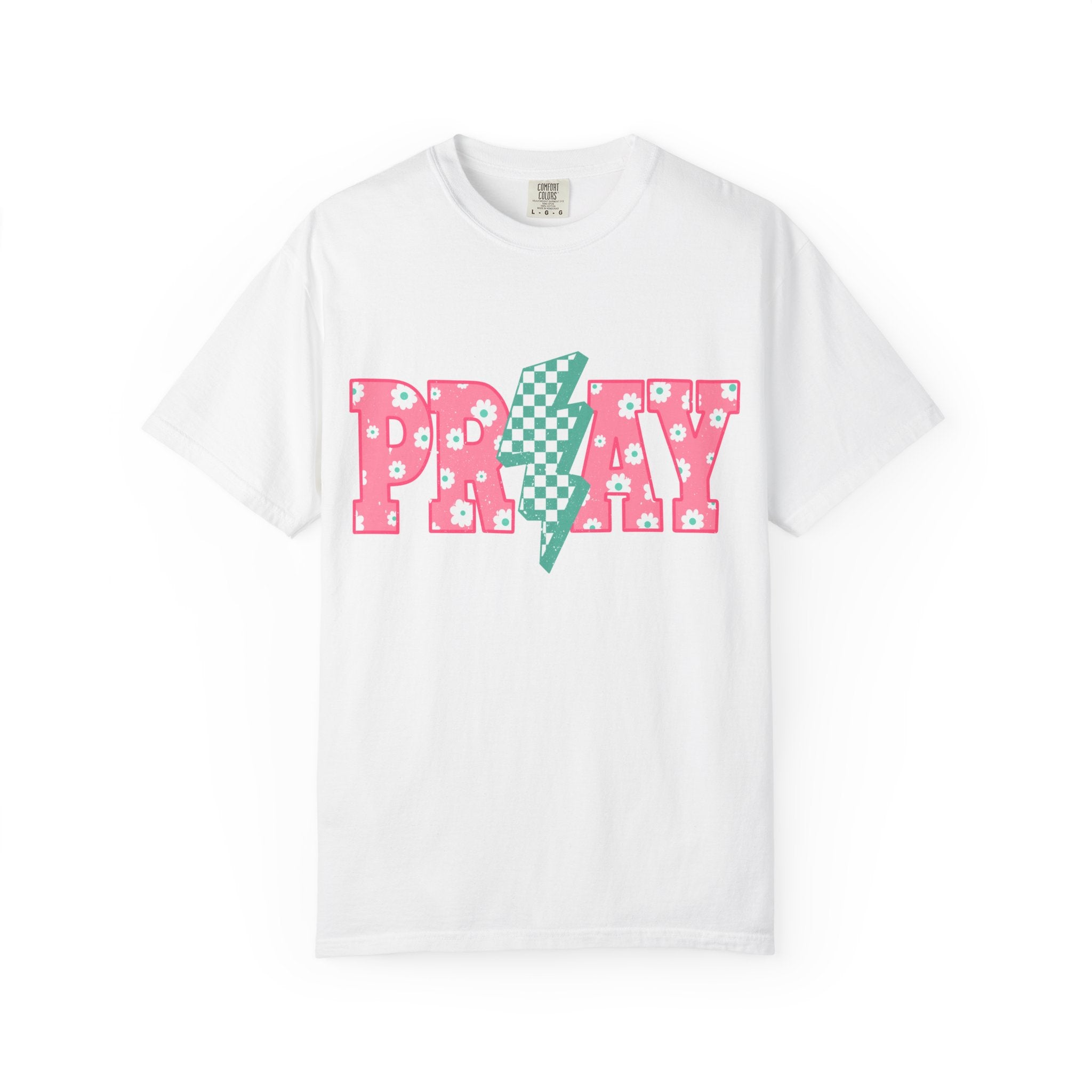 PRAY Lightning Graphic T-Shirt — Floral Pink & Mint Checker Retro Tee