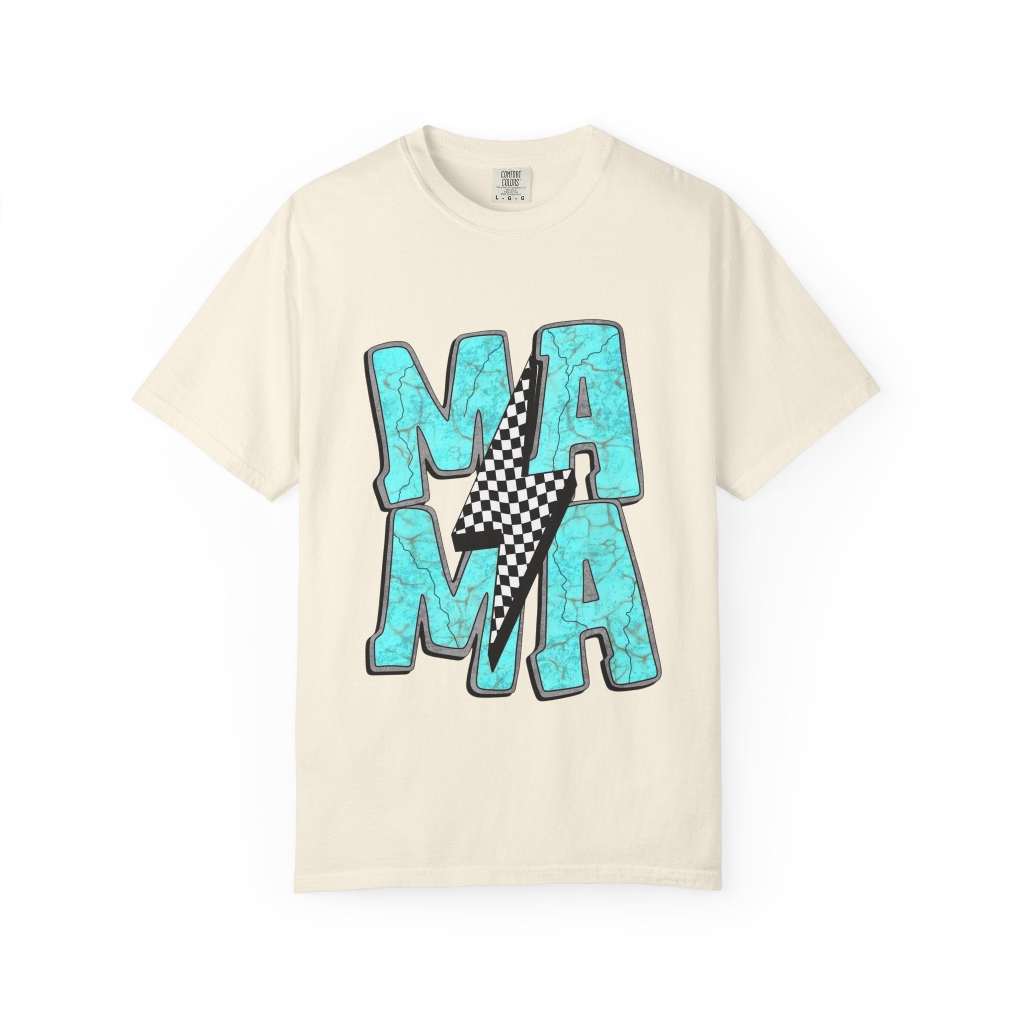 MAMA lightning bolt graphic T-shirt | turquoise marble letters