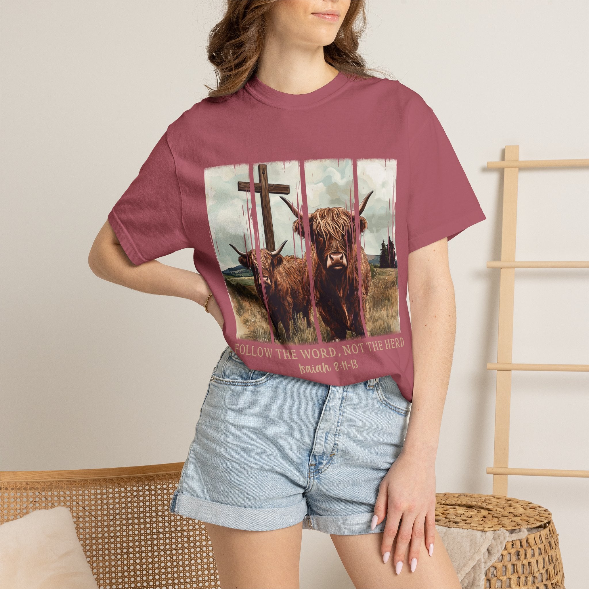 Christian Highland Cow T-Shirt — "Follow the Word, Not the Herd" Faith Tee