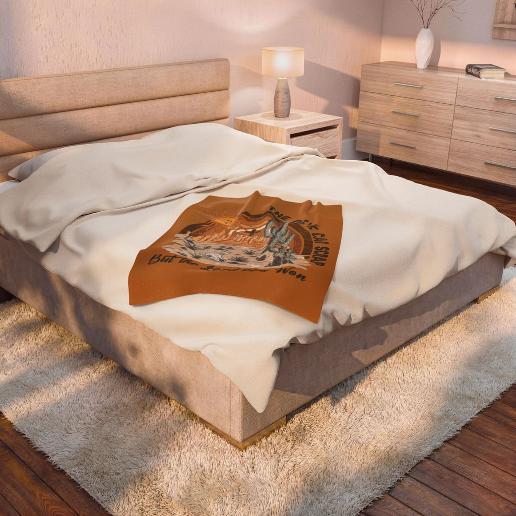 Christian Desert Scene Velveteen Blanket — "The Devil Can Scrap But the Lord Has Won" Plush Throw