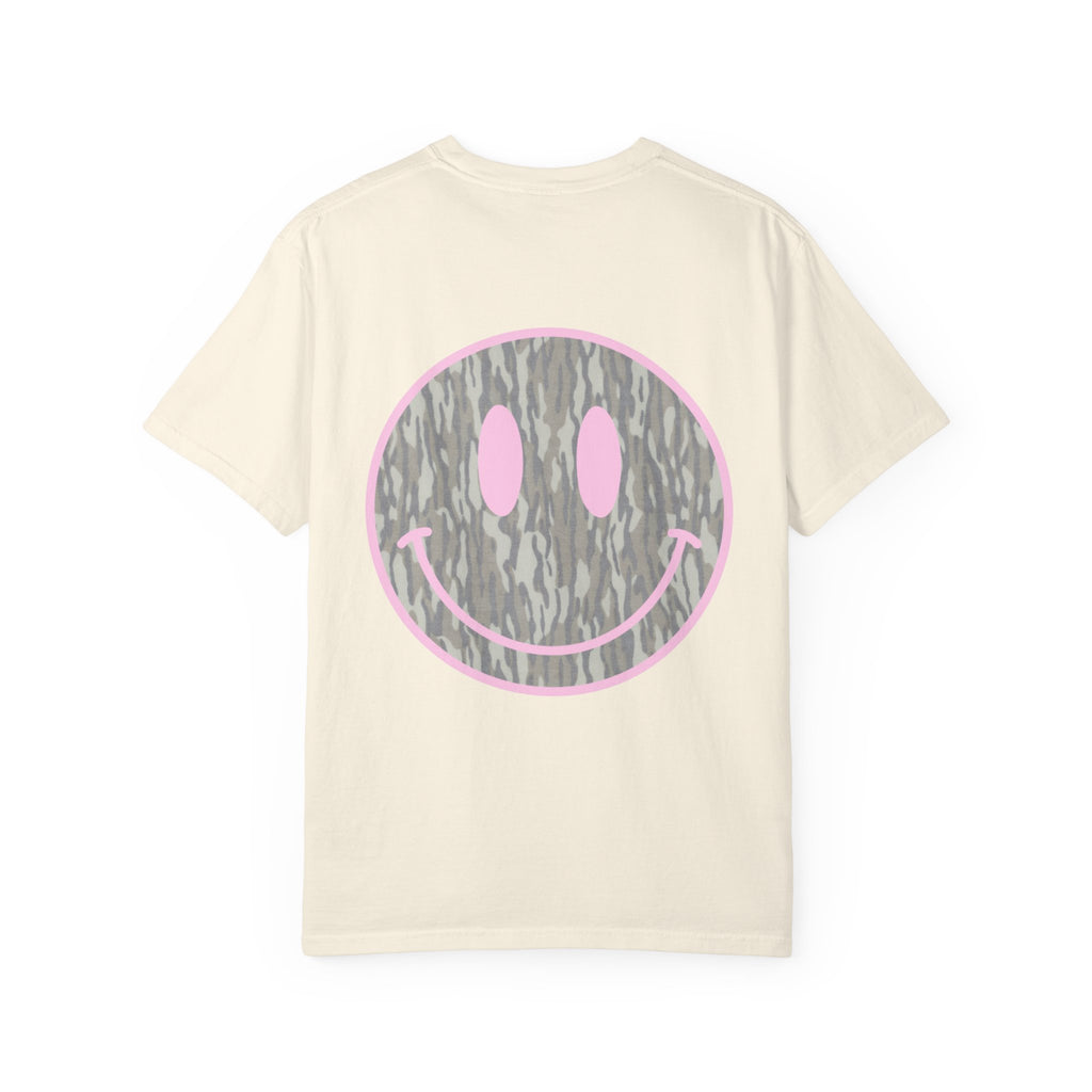 Smiley Camo T-Shirt — Pink Outline Woodland Smile Graphic Tee