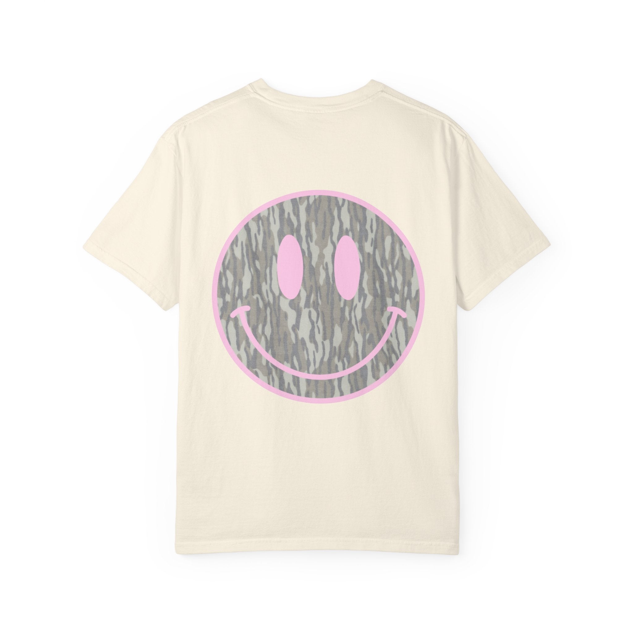 Smiley Camo T-Shirt — Pink Outline Woodland Smile Graphic Tee