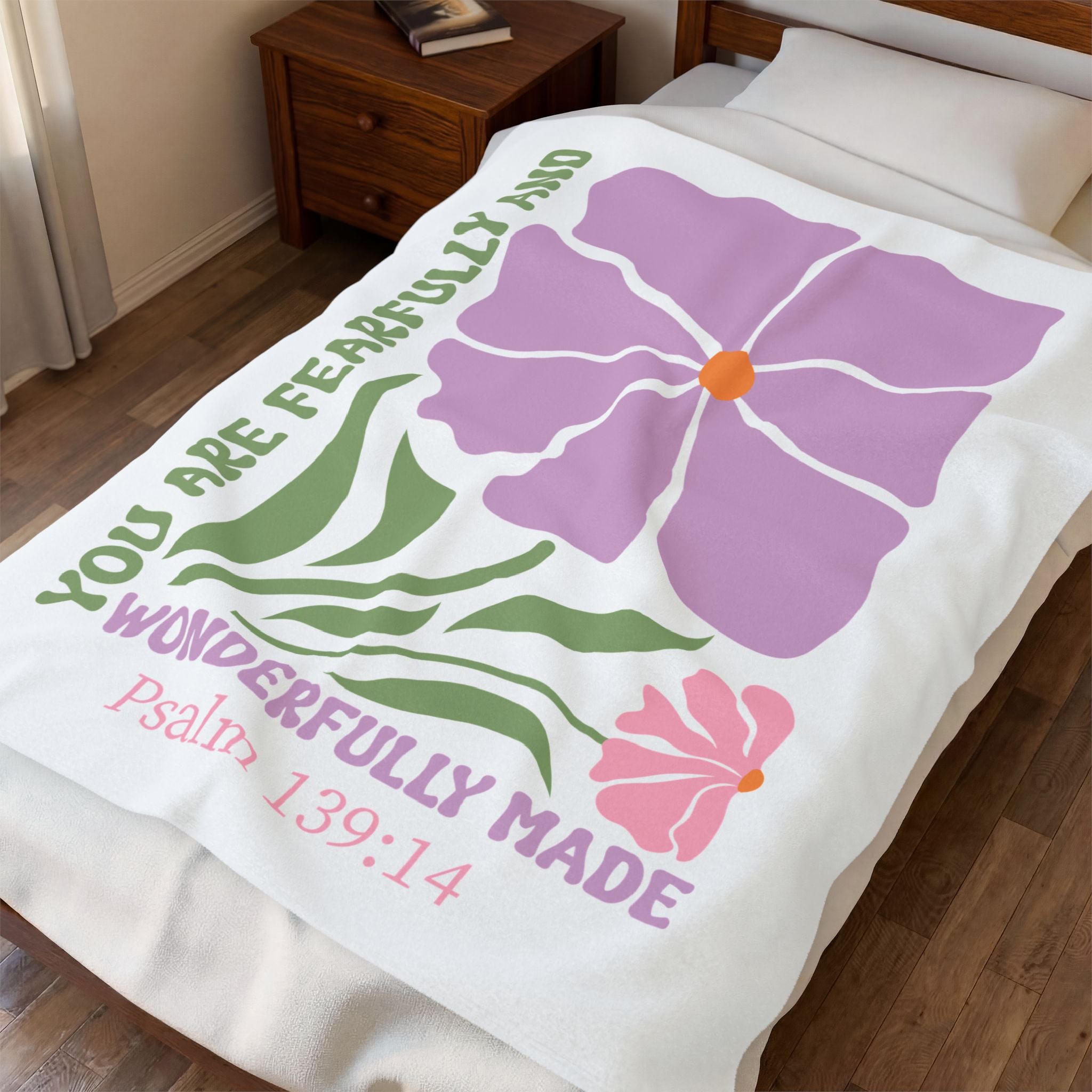 Velveteen Plush Blanket — "You Are Fearfully and Wonderfully Made" Floral Psalm 139:14 Christian Throw