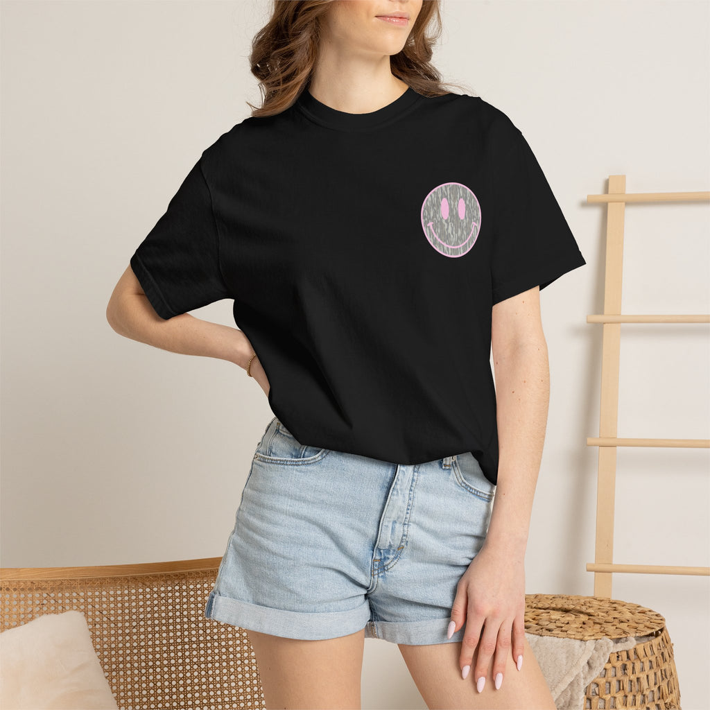 Smiley Camo T-Shirt — Pink Outline Woodland Smile Graphic Tee