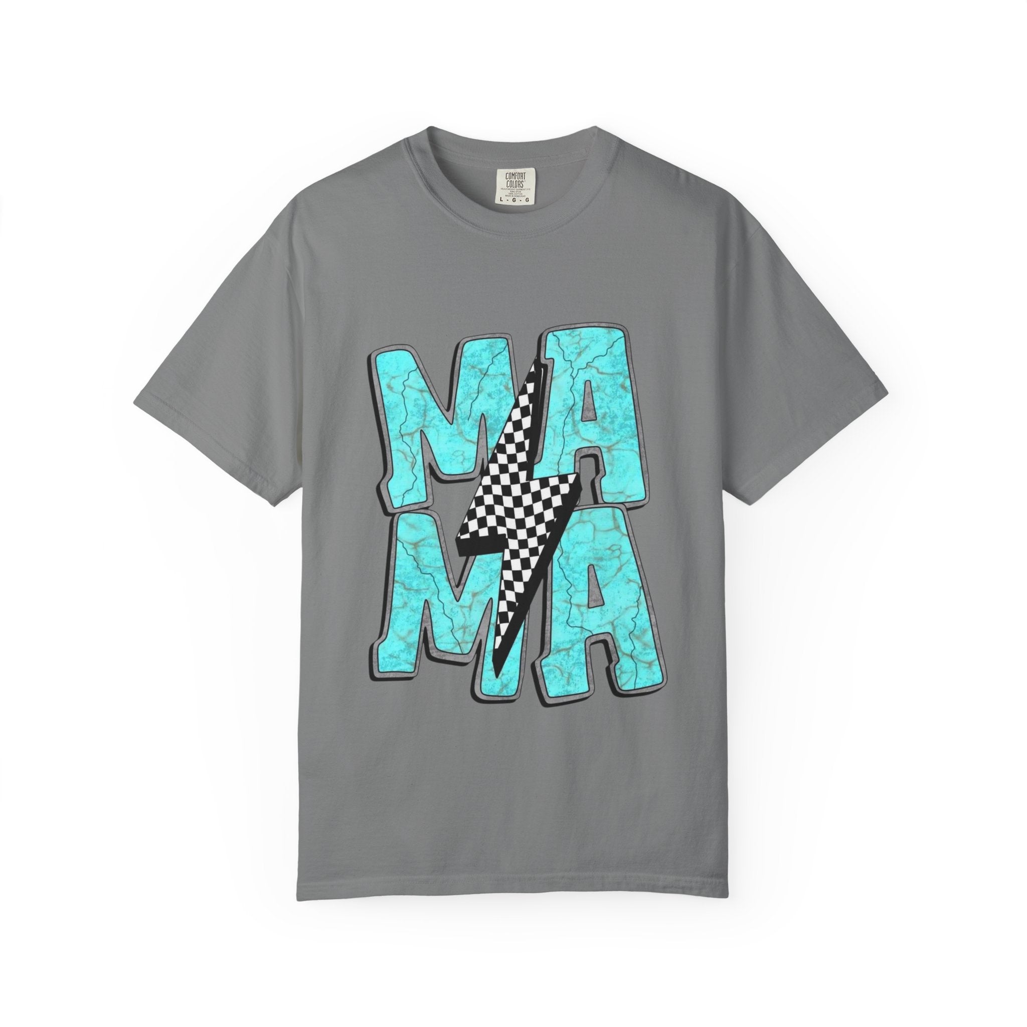 MAMA lightning bolt graphic T-shirt | turquoise marble letters