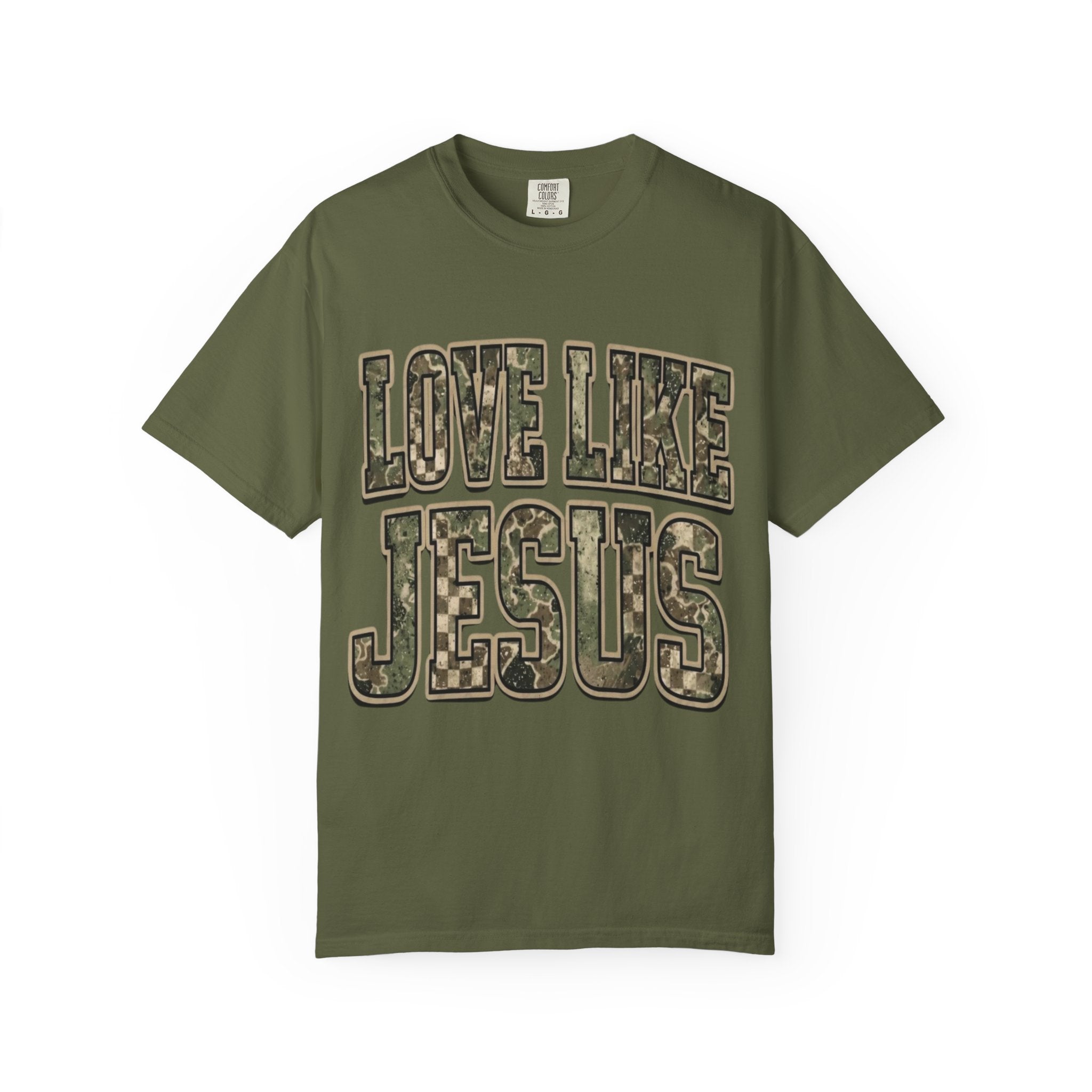 Love Like Jesus camo text T-shirt | Christian faith shirt