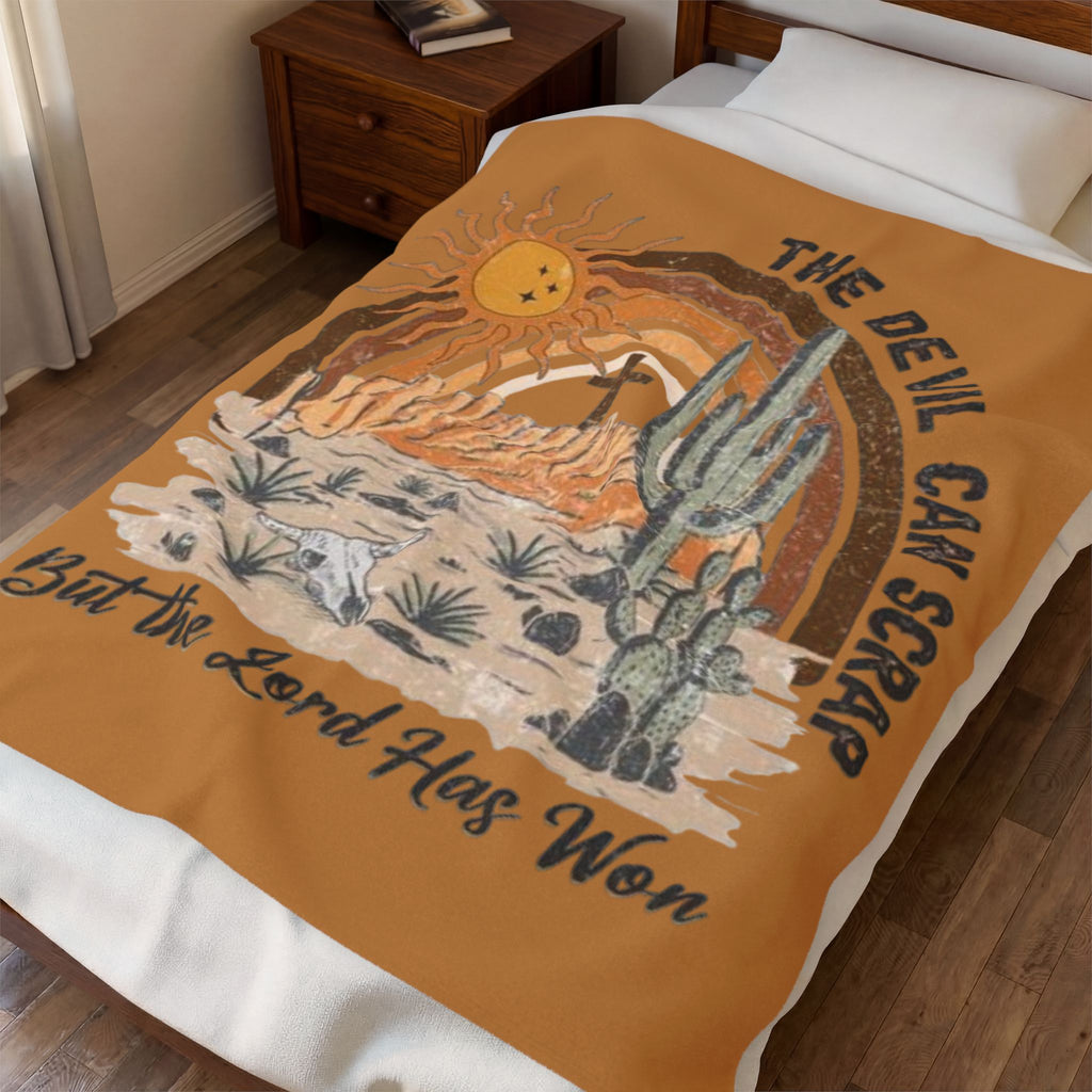 Christian Desert Scene Velveteen Blanket — "The Devil Can Scrap But the Lord Has Won" Plush Throw