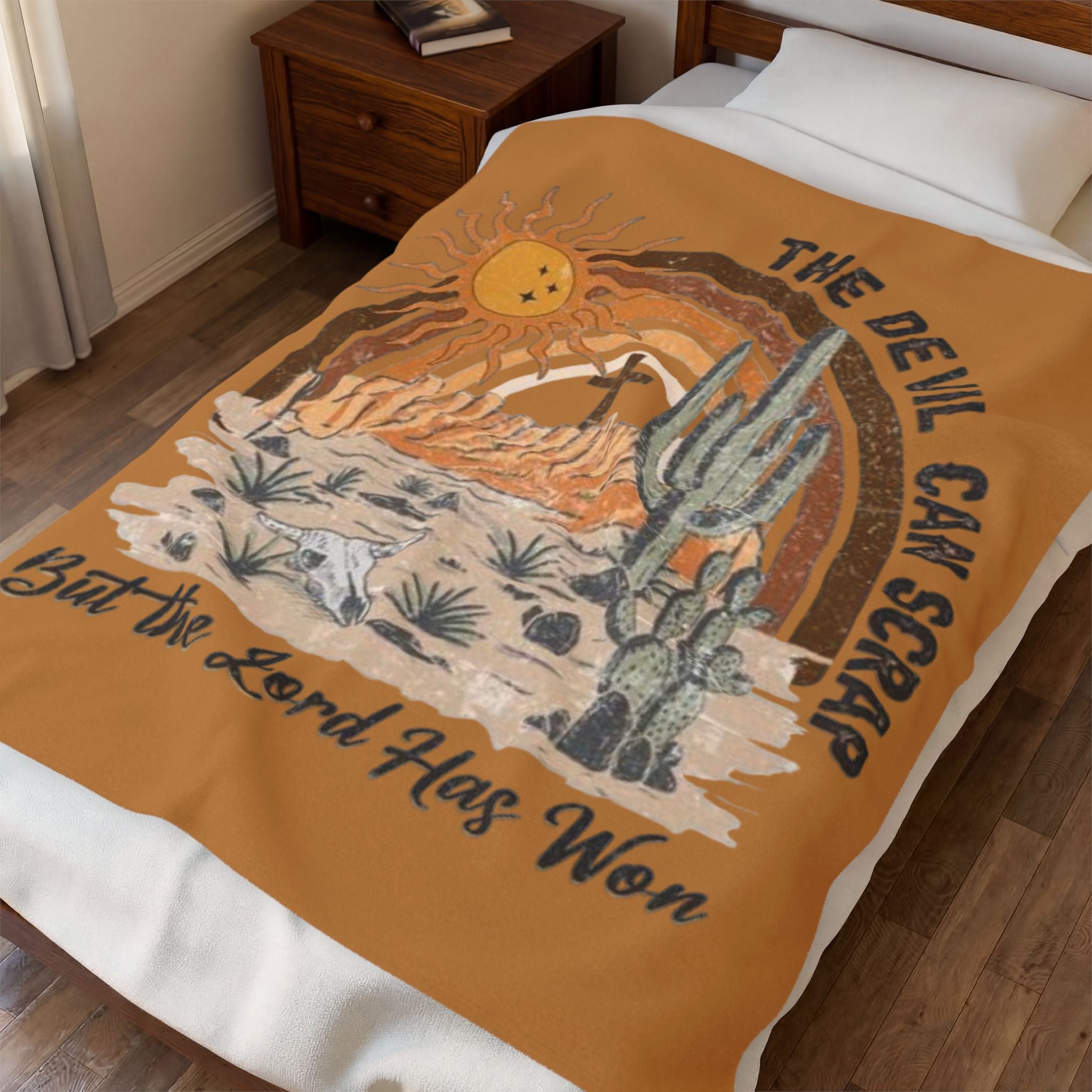 Christian Desert Scene Velveteen Blanket — "The Devil Can Scrap But the Lord Has Won" Plush Throw