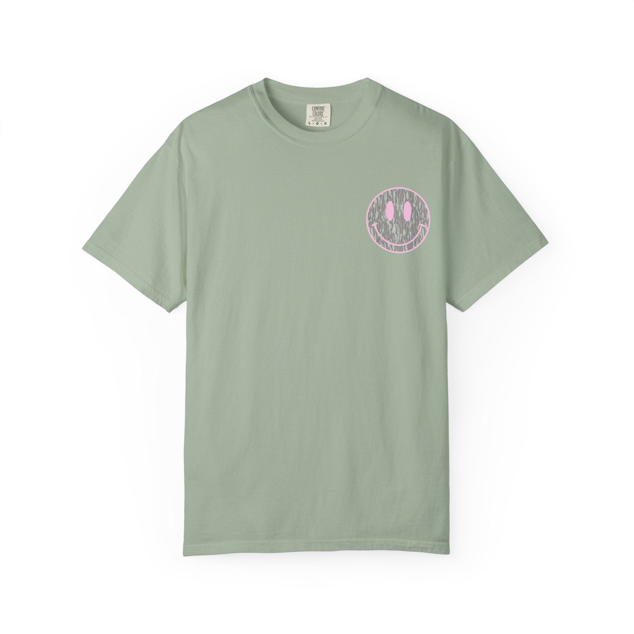Smiley Camo T-Shirt — Pink Outline Woodland Smile Graphic Tee