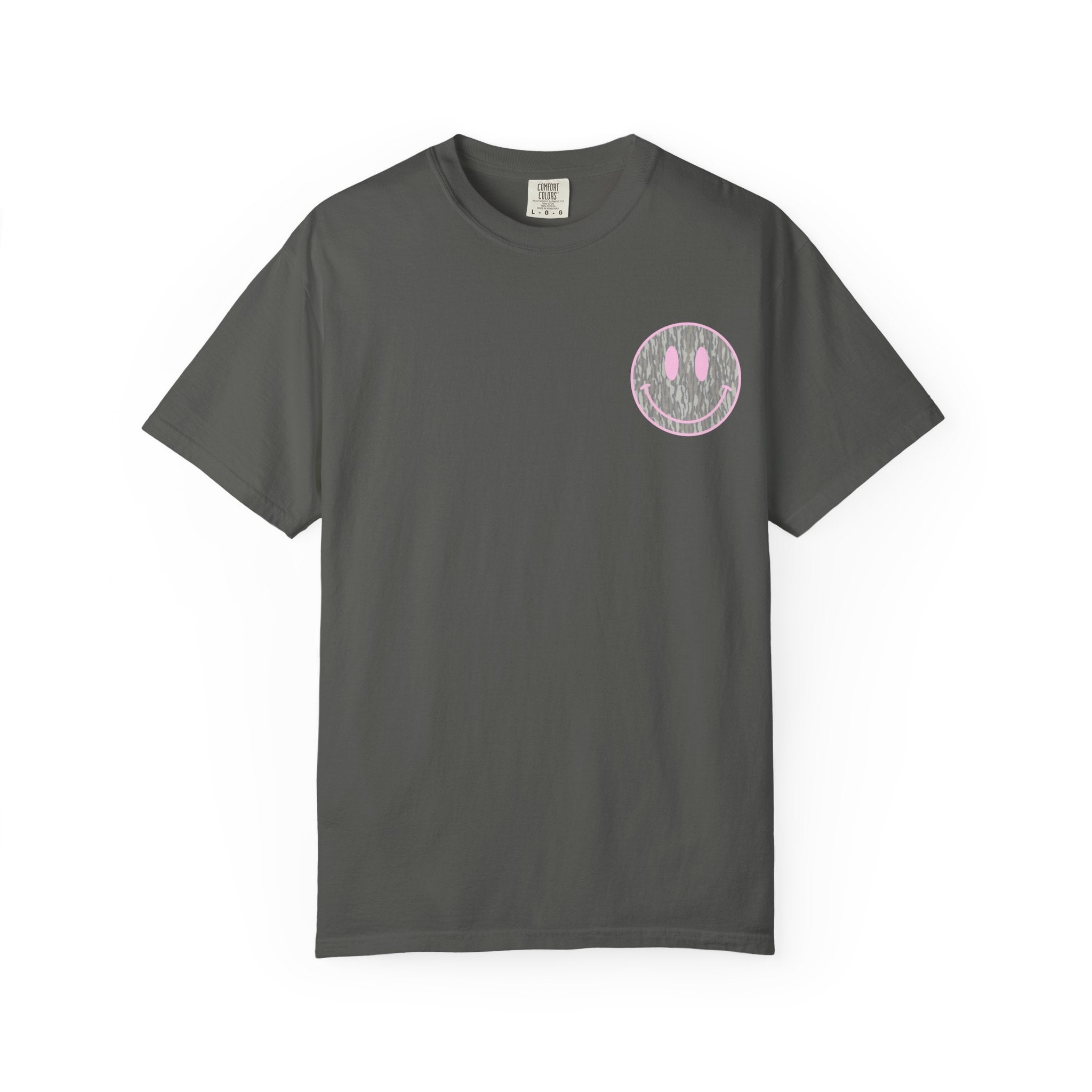 Smiley Camo T-Shirt — Pink Outline Woodland Smile Graphic Tee