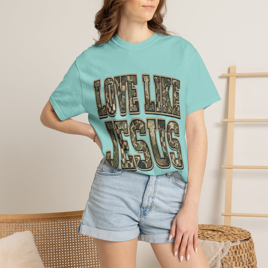 Love Like Jesus camo text T-shirt | Christian faith shirt