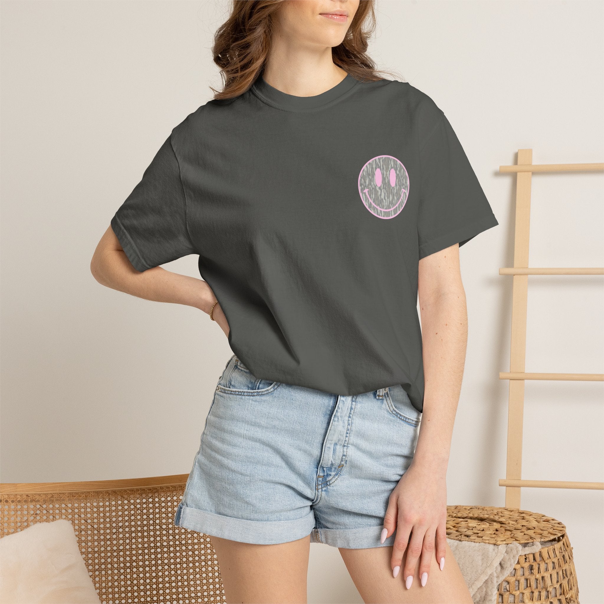 Smiley Camo T-Shirt — Pink Outline Woodland Smile Graphic Tee