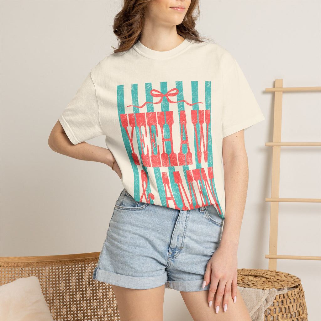 Yeehaw & Amen Graphic T-Shirt — Western Stripes Cowboy Faith Tee