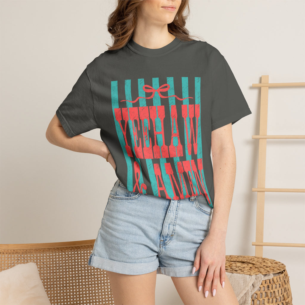 Yeehaw & Amen Graphic T-Shirt — Western Stripes Cowboy Faith Tee