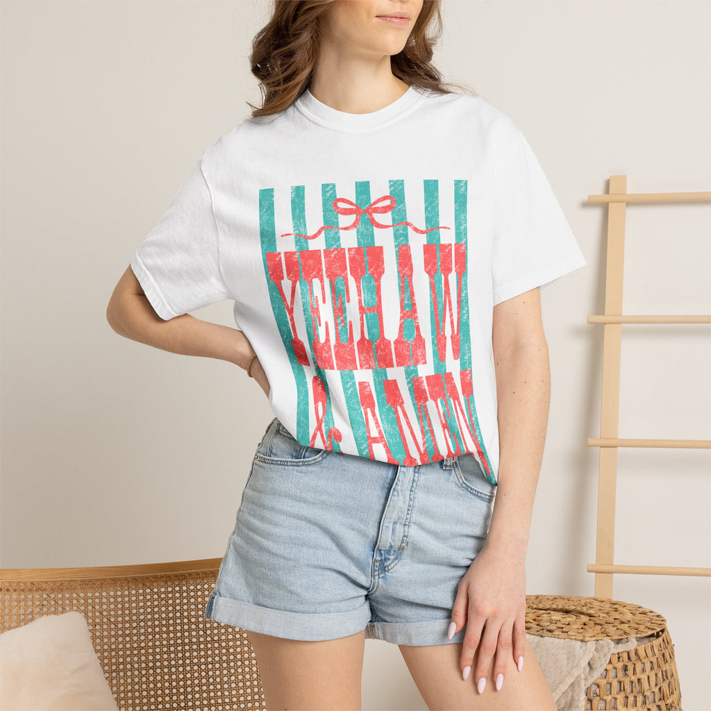 Yeehaw & Amen Graphic T-Shirt — Western Stripes Cowboy Faith Tee