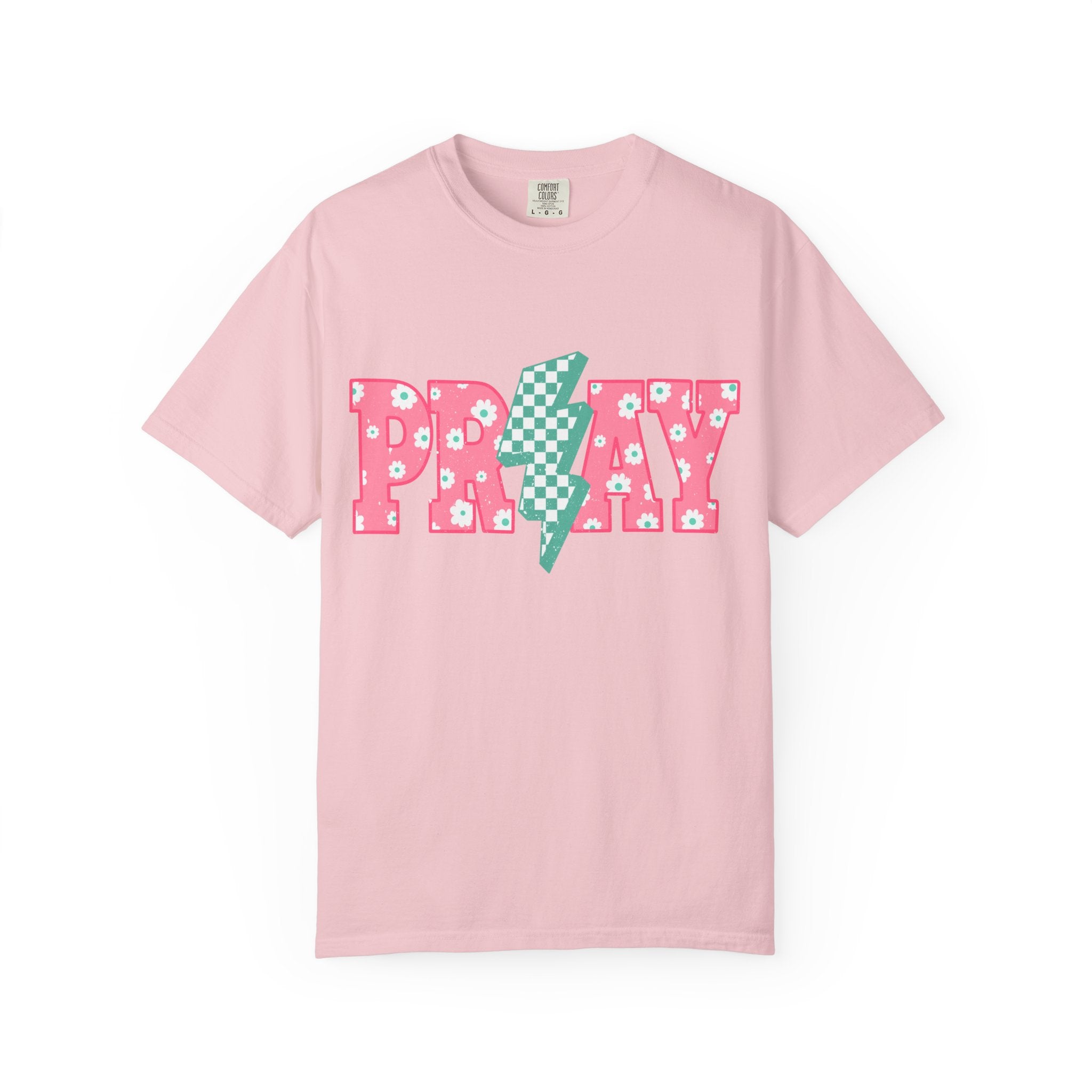PRAY Lightning Graphic T-Shirt — Floral Pink & Mint Checker Retro Tee