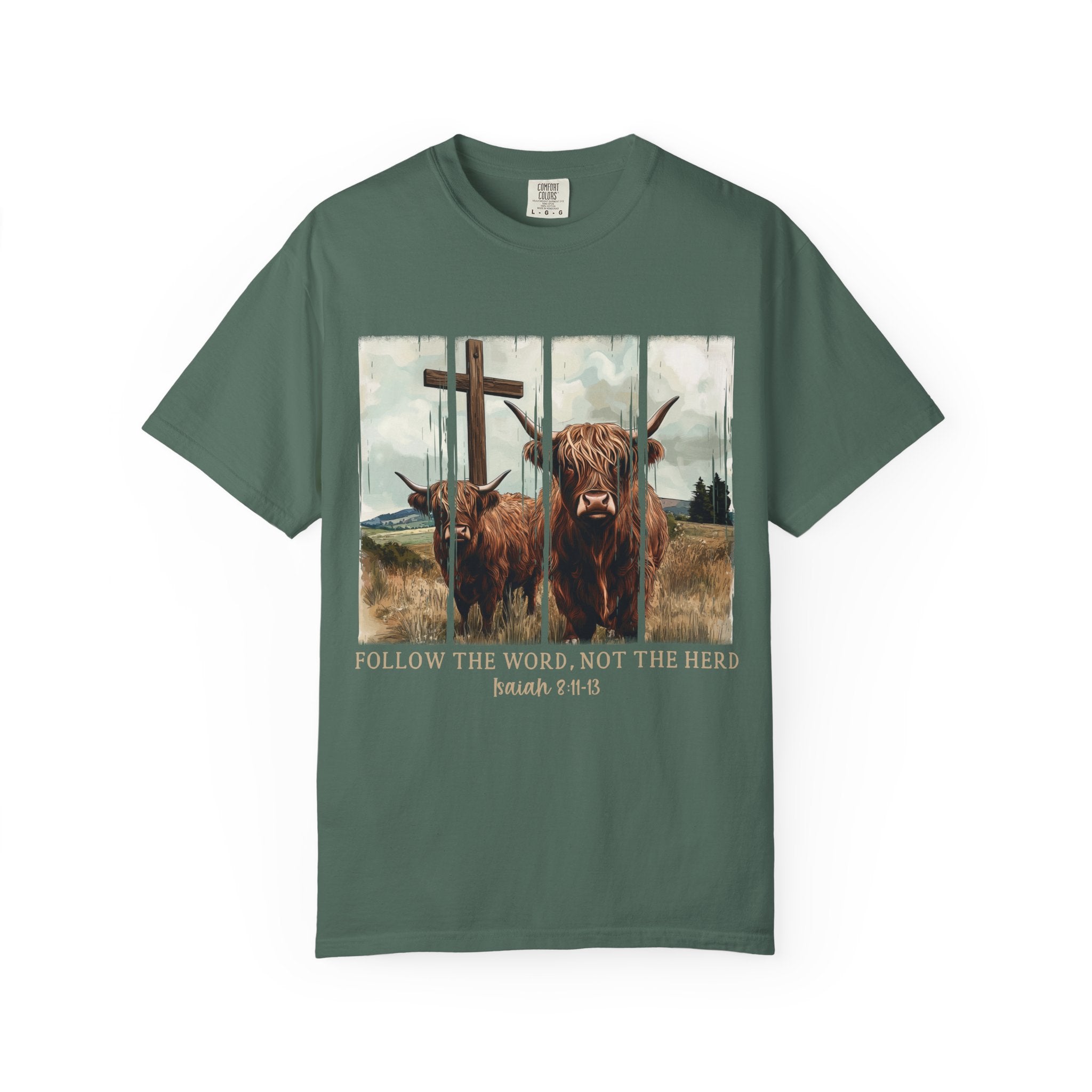 Christian Highland Cow T-Shirt — "Follow the Word, Not the Herd" Faith Tee