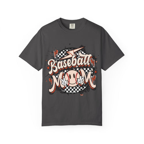Baseball Mom graphic T-shirt | Retro baseball ball, checkerboard, peace sign