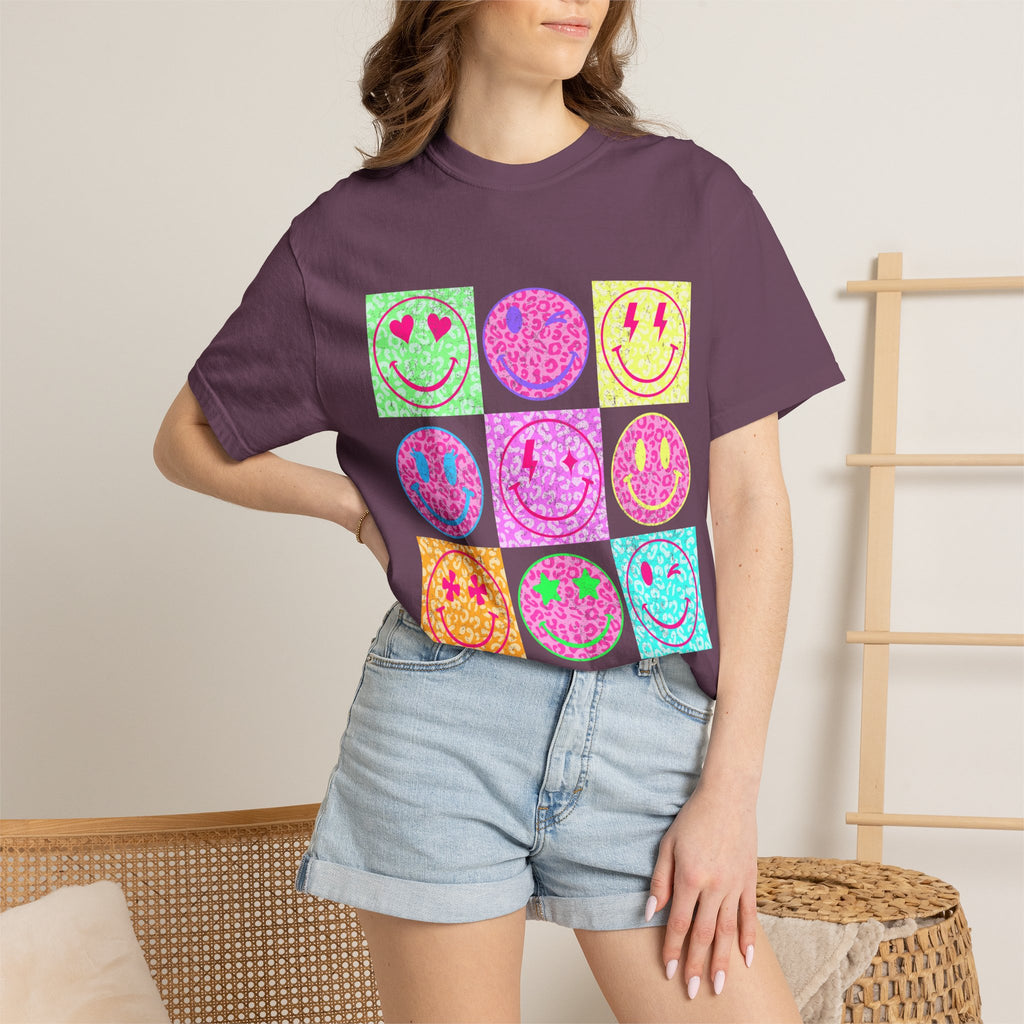 Neon Retro Smiley Grid T-Shirt