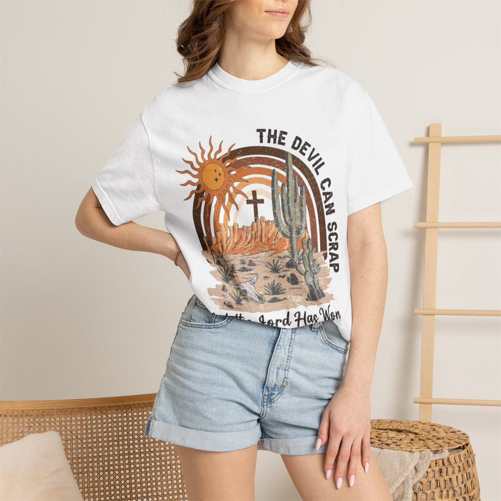 Christian Desert Scene T-Shirt — "The Devil Can Scrap, But the Lord Has Won"