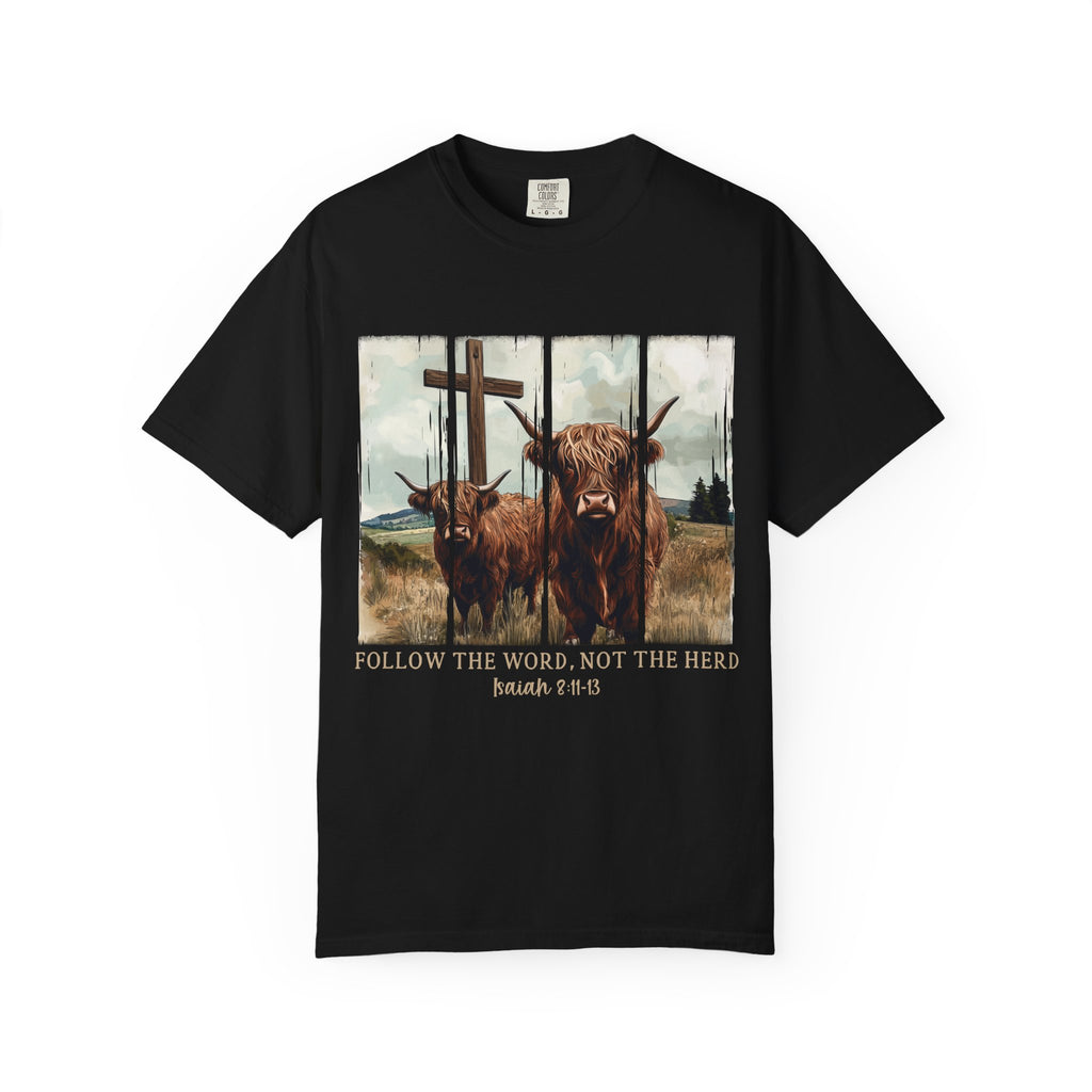 Christian Highland Cow T-Shirt — "Follow the Word, Not the Herd" Faith Tee