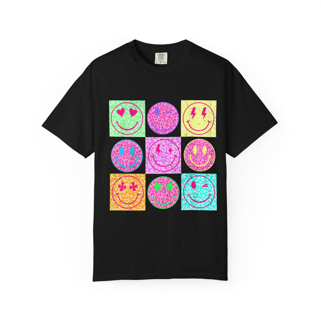 Neon Retro Smiley Grid T-Shirt
