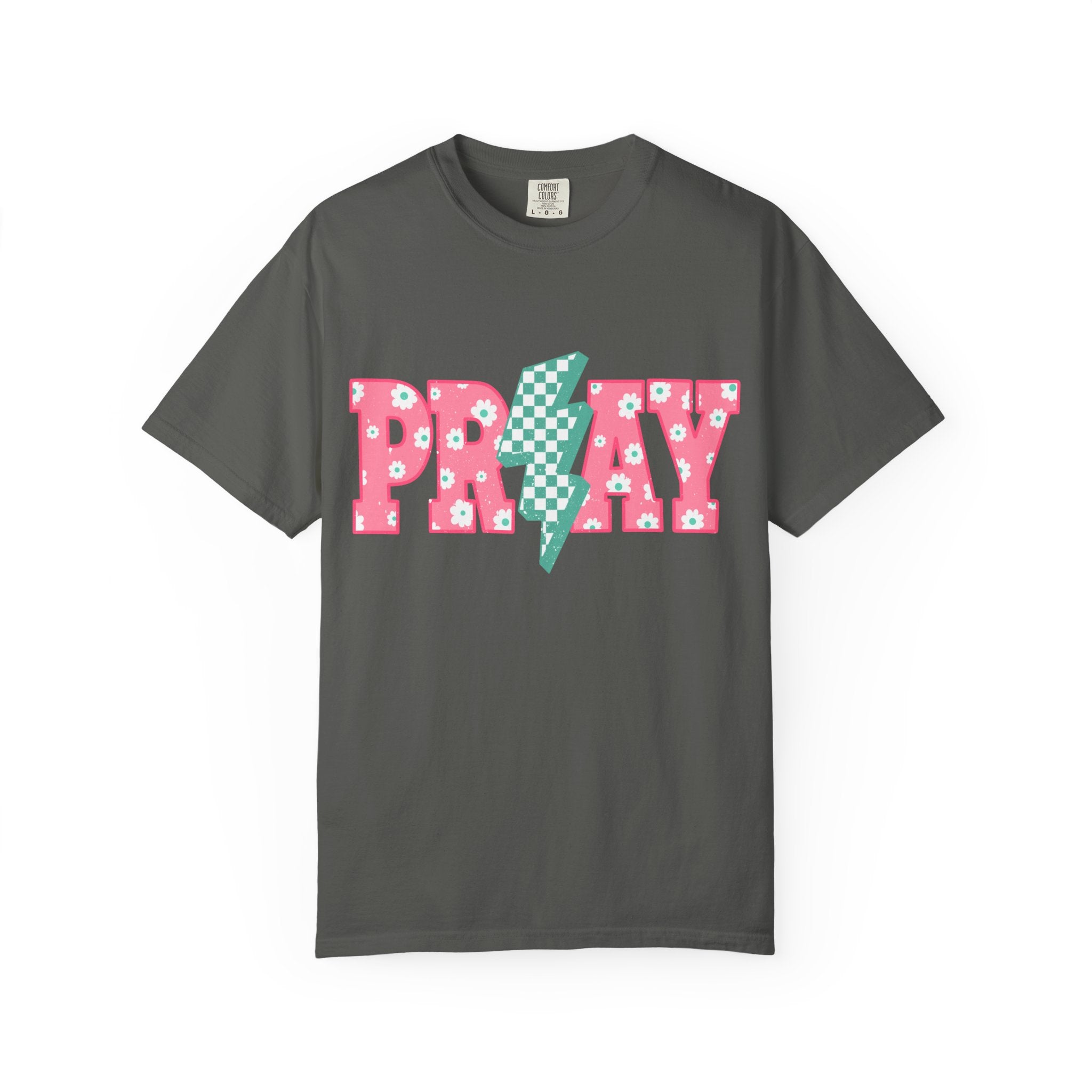 PRAY Lightning Graphic T-Shirt — Floral Pink & Mint Checker Retro Tee