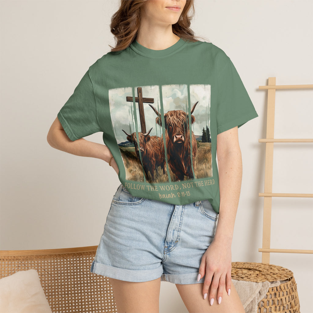 Christian Highland Cow T-Shirt — "Follow the Word, Not the Herd" Faith Tee
