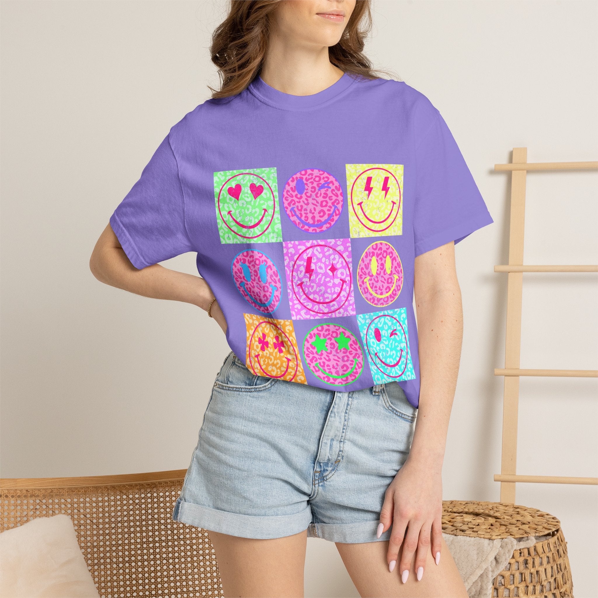Neon Retro Smiley Grid T-Shirt
