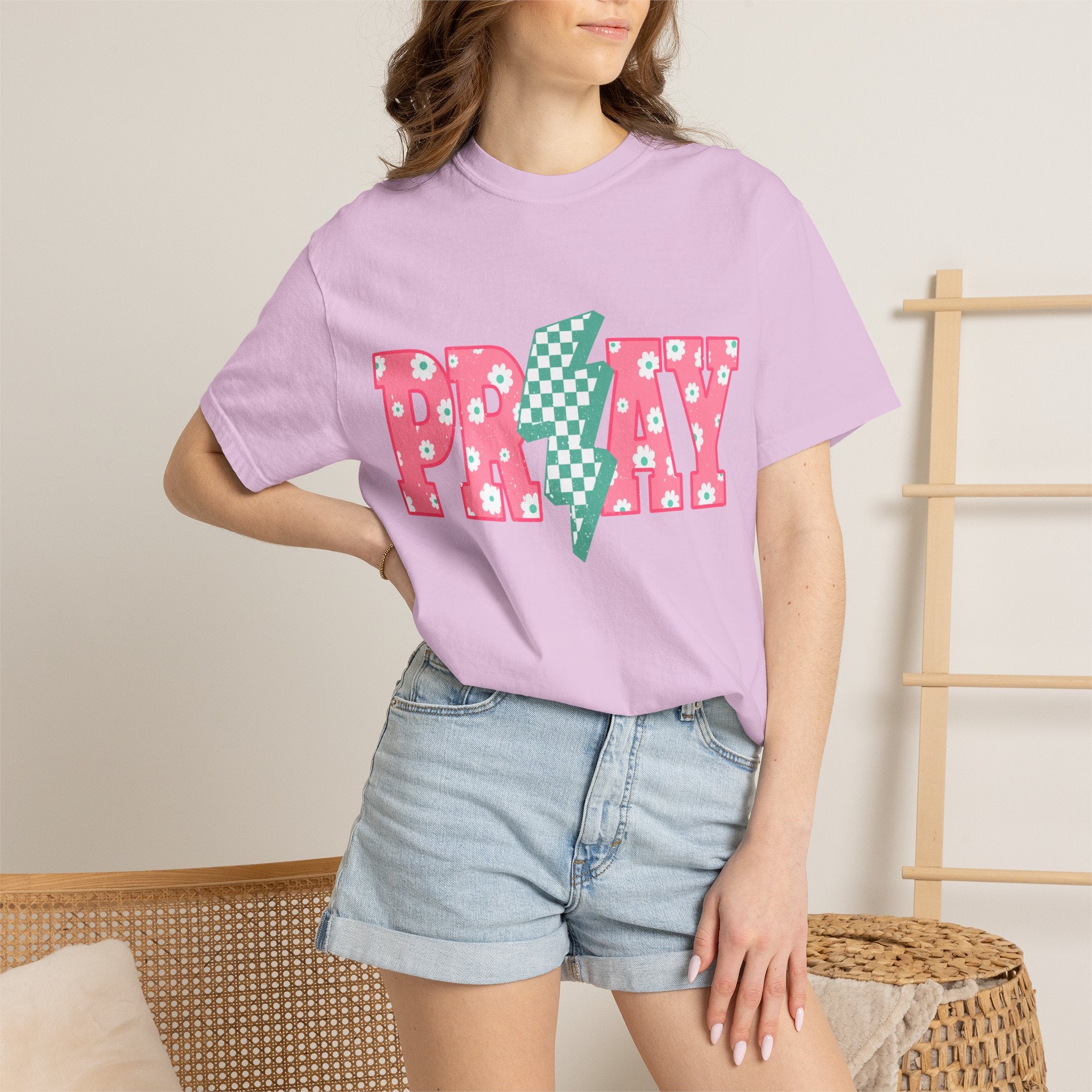 PRAY Lightning Graphic T-Shirt — Floral Pink & Mint Checker Retro Tee