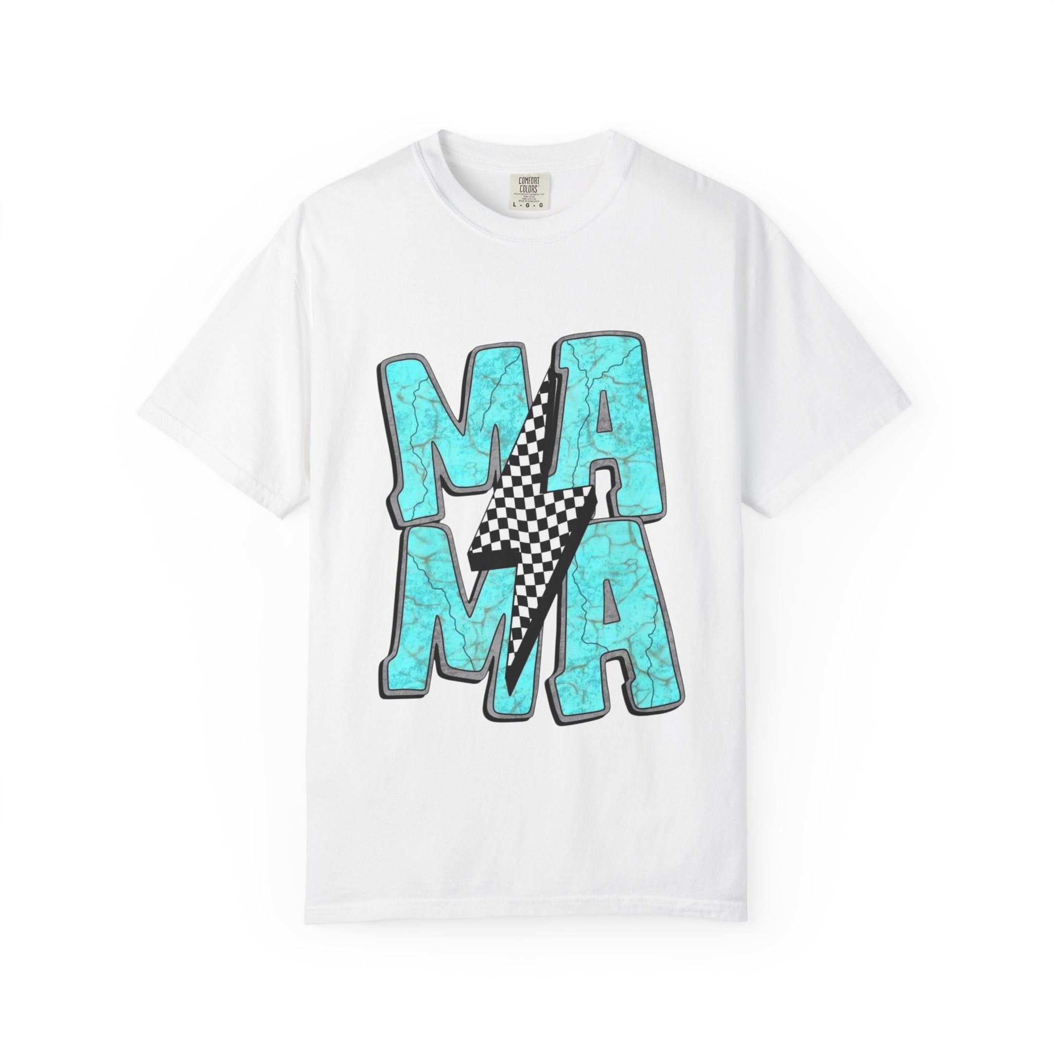 MAMA lightning bolt graphic T-shirt | turquoise marble letters