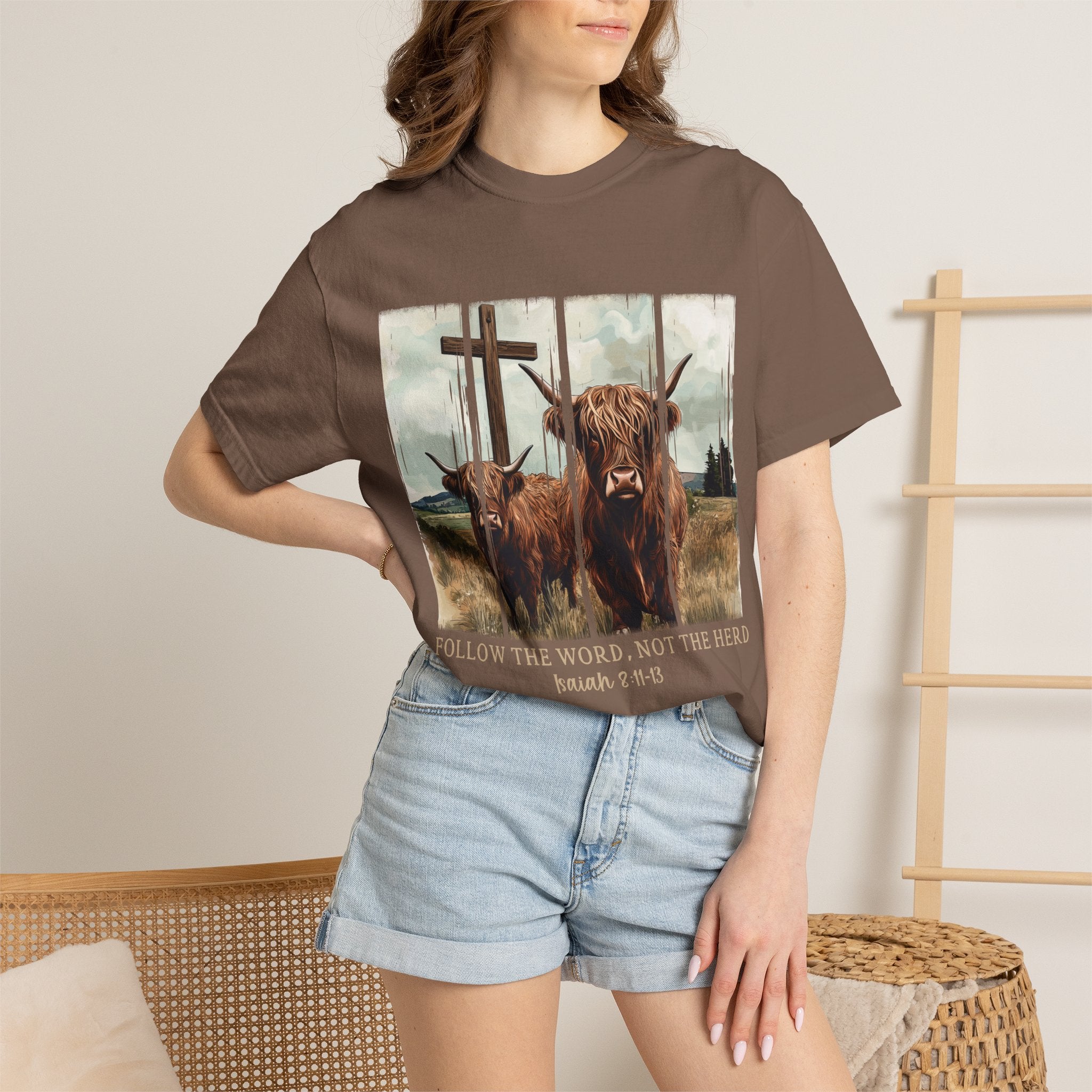 Christian Highland Cow T-Shirt — "Follow the Word, Not the Herd" Faith Tee