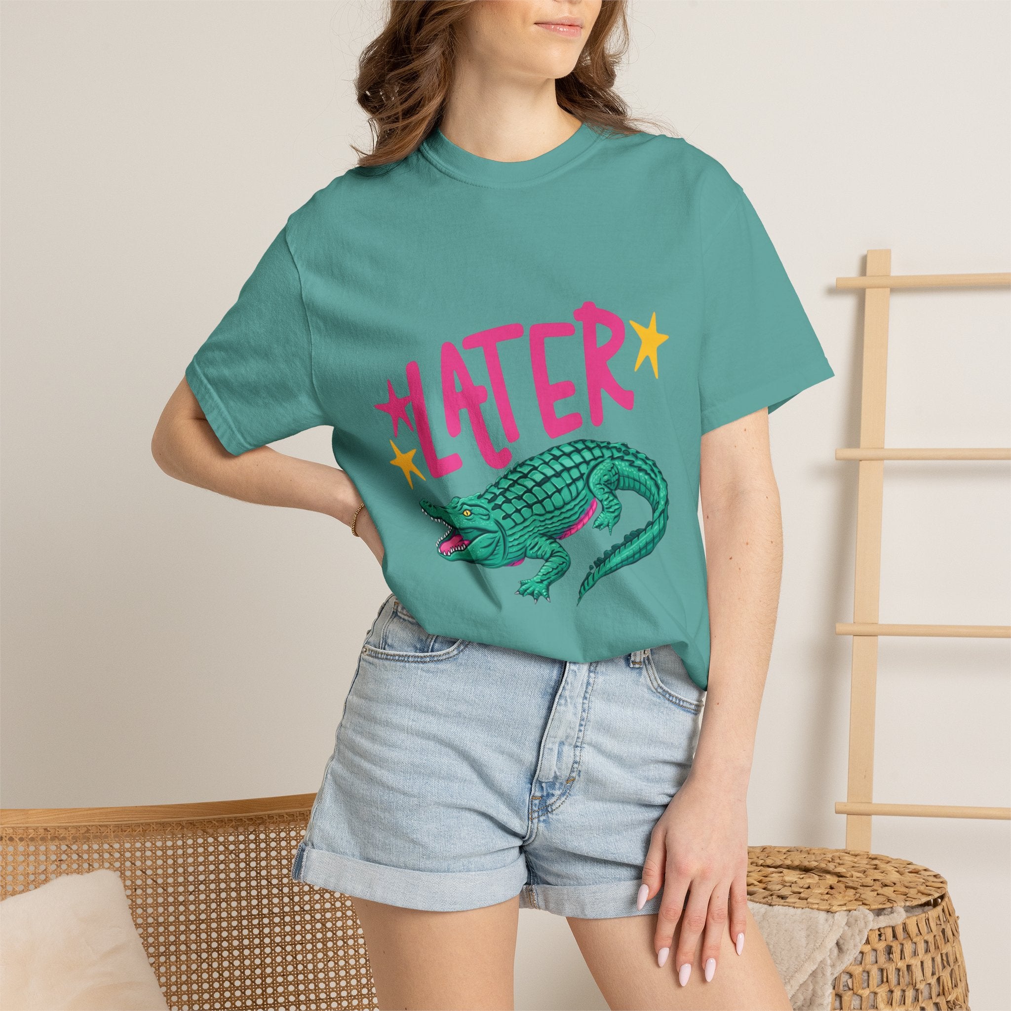 Later/After While Alligator T-Shirt — Retro Pink & Teal Graphic Tee