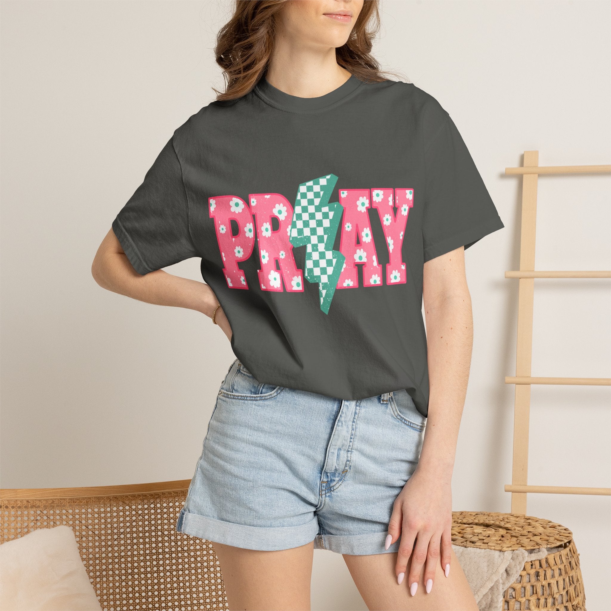 PRAY Lightning Graphic T-Shirt — Floral Pink & Mint Checker Retro Tee