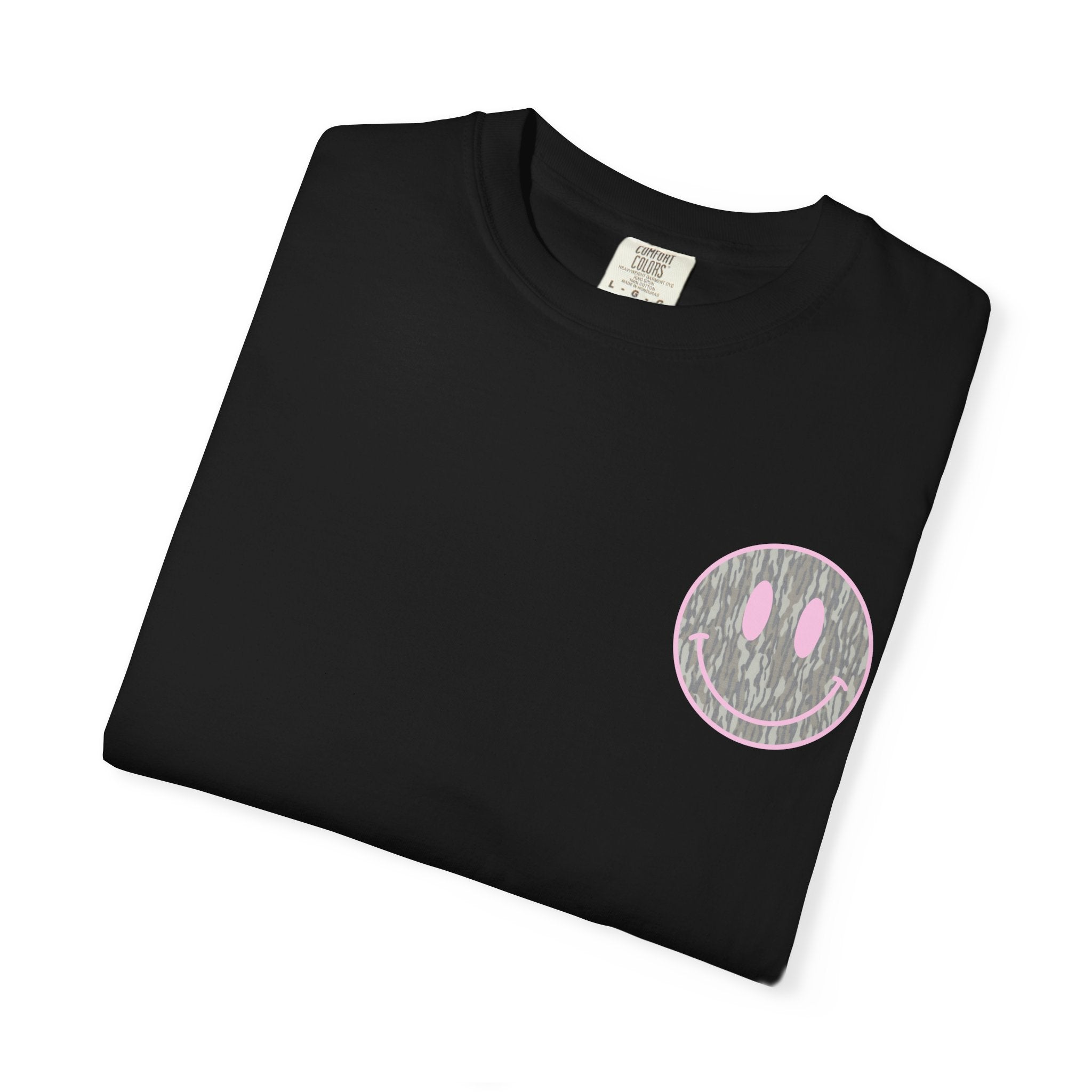 Smiley Camo T-Shirt — Pink Outline Woodland Smile Graphic Tee